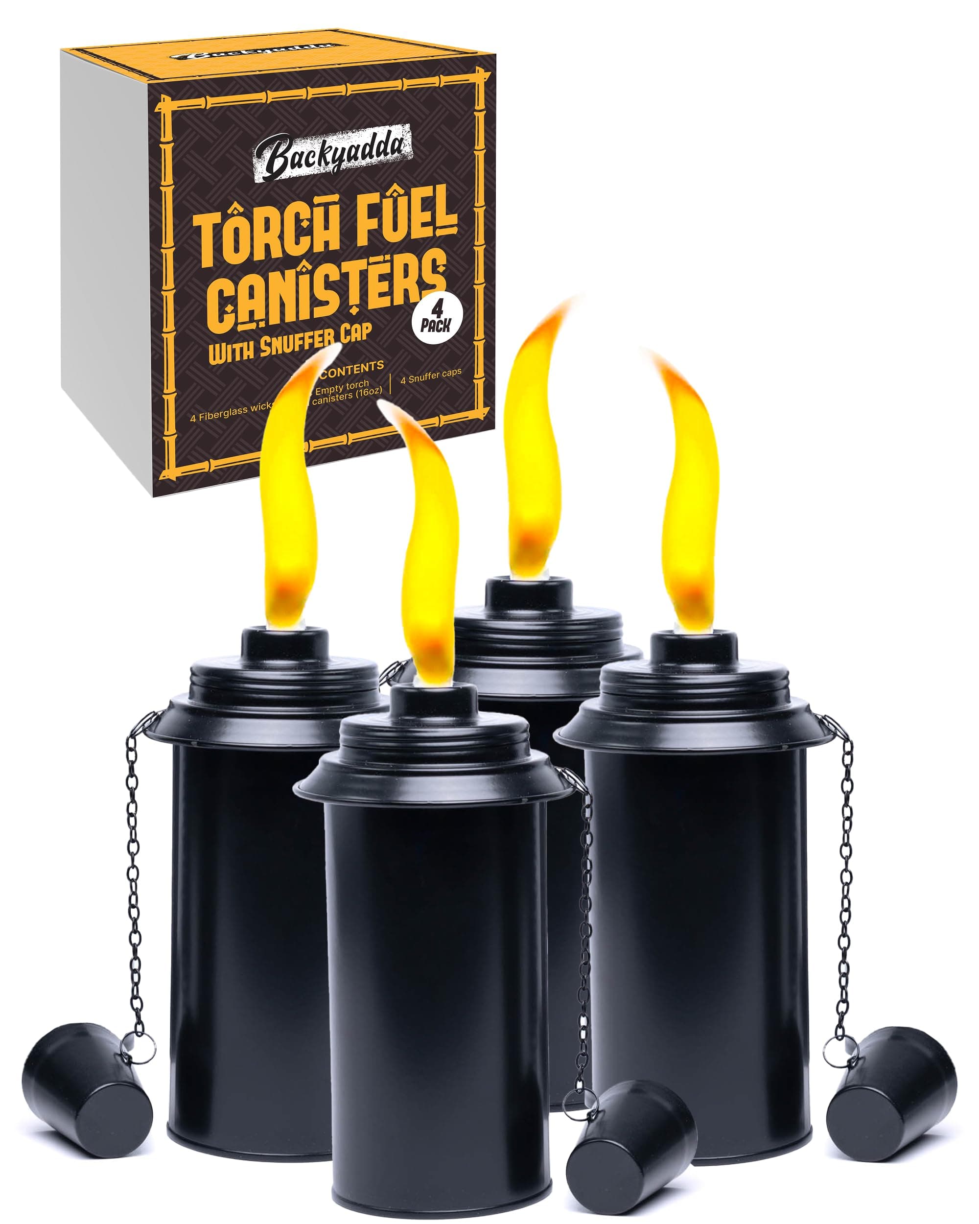 Backyadda Torch Replacement Canisters (16 oz). Compatible with Tiki Torches. Easy Fill Opening. 4-Pack Standard Metal (with Caps)