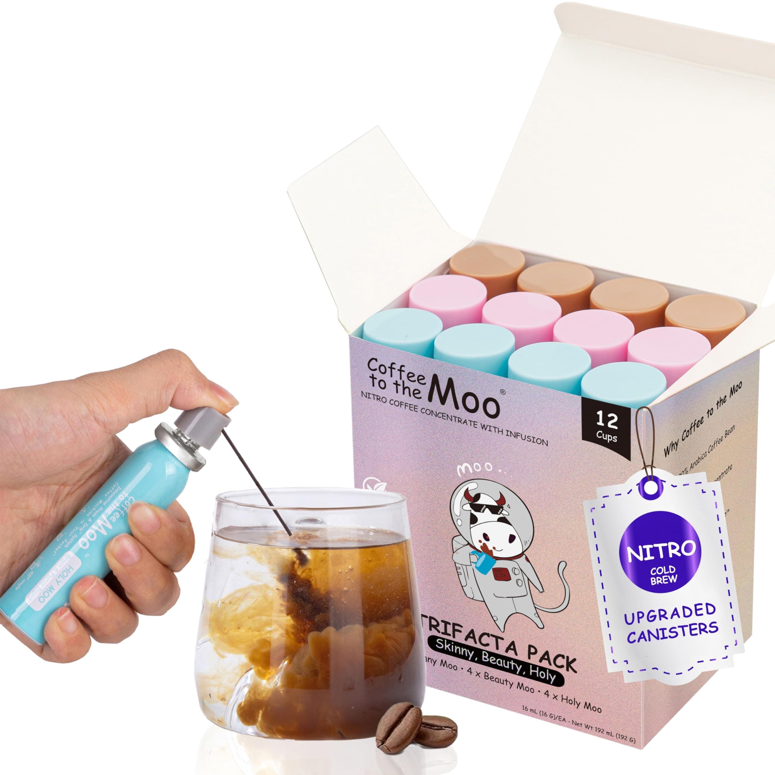 Coffee to the Moo Nitro Cold Brew Coffee Concentrate, Mix Pack (KETO, Collagen & Mushroom Coffee), Instant Hot or Iced, Pocket/Purse Sized & Travel Friendly, Upgraded Canisters, 12 Cups