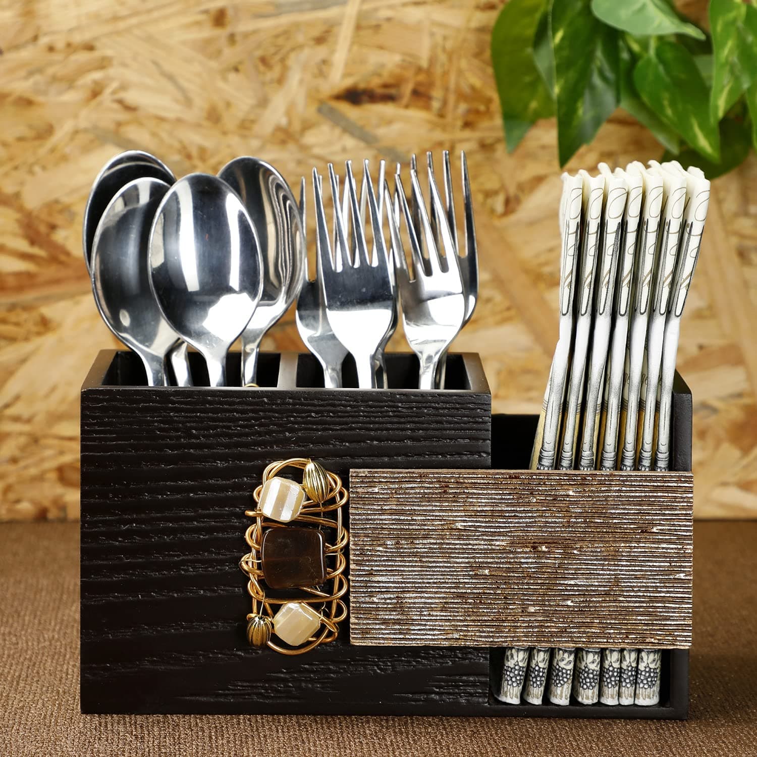 COCKTAIL Decorative Wooden MDF Spoon Stand with 3 Sections | Cutlery Holder for Dining Table and Kitchen | Multifunctional Organizer Stand | Brown, G-Spark