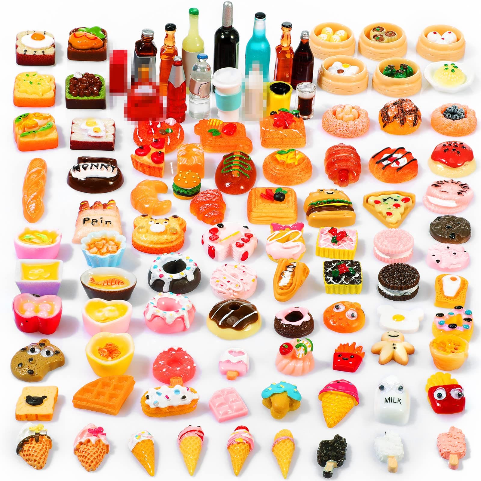 Skylety 100 Pieces Miniature Food Drinks Toys Mixed Resin Foods for Doll Kitchen Pretend Play Mini Food Set for Adults Teenagers Doll House Cute