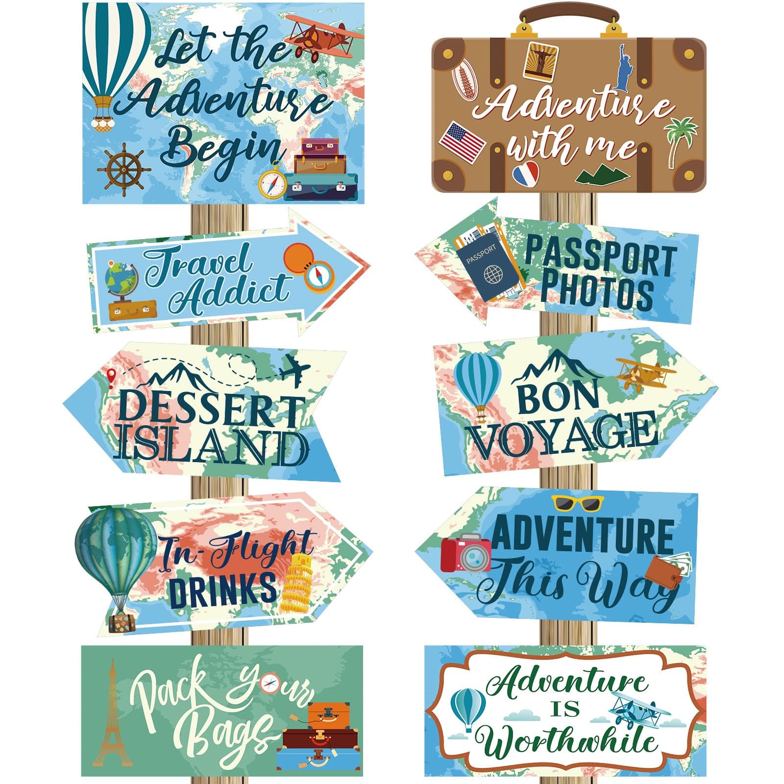 Ysleen 20 Pcs Travel Themed Party Decorations Set Let The Adventure Begin Sign Adventure Signs Bon Voyage Party Decorations for Birthday Baby Shower Travel Party Decorations, 11 x 8 Inch, 11 x 5 Inch