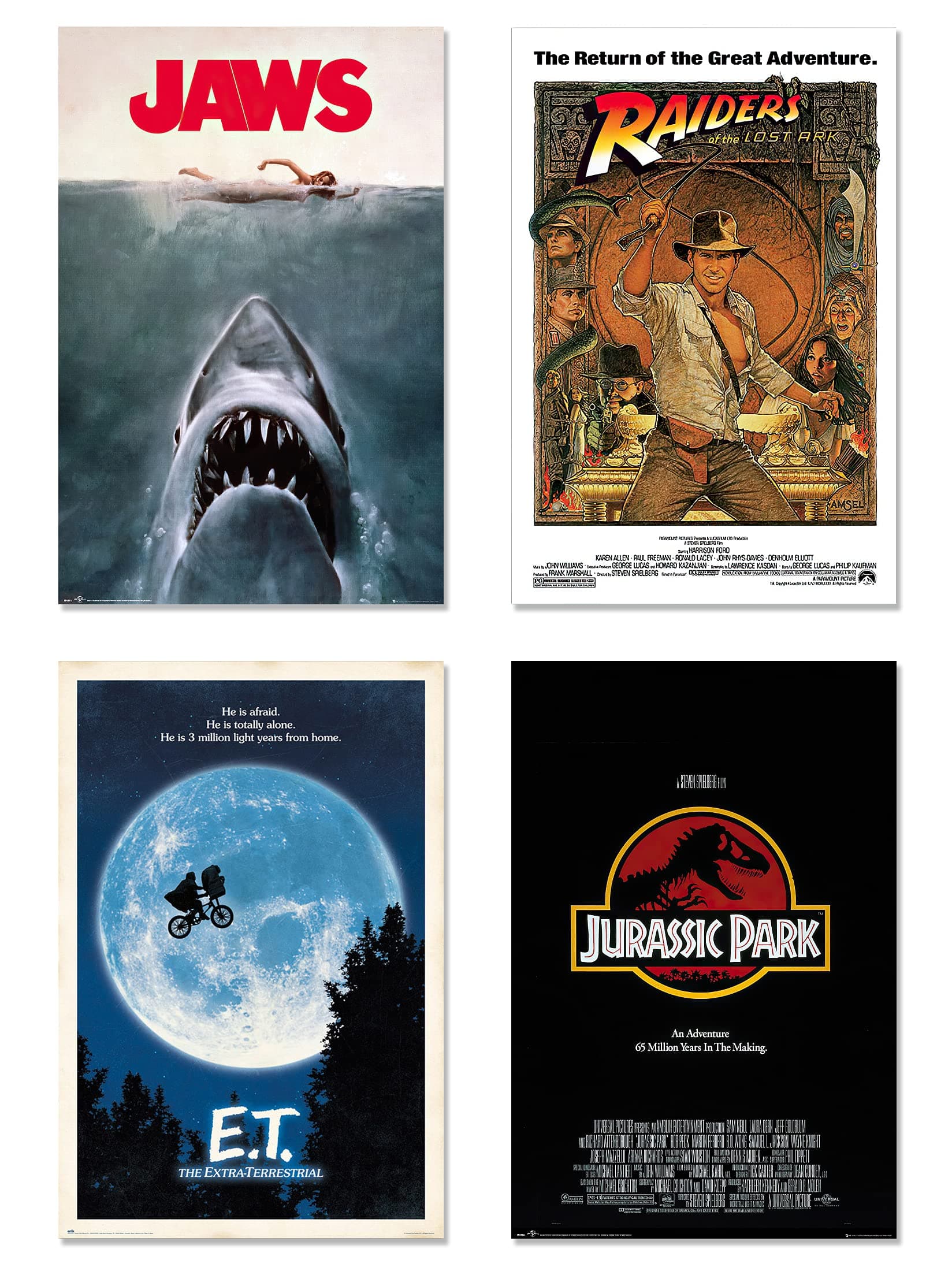 Steven Spielberg Classics - 4 Piece Movie Poster Set (Jaws, E.T., Raiders Of The Lost Ark & Jurassic Park) (Size: 24" x 36" each) (Unframed Posters)