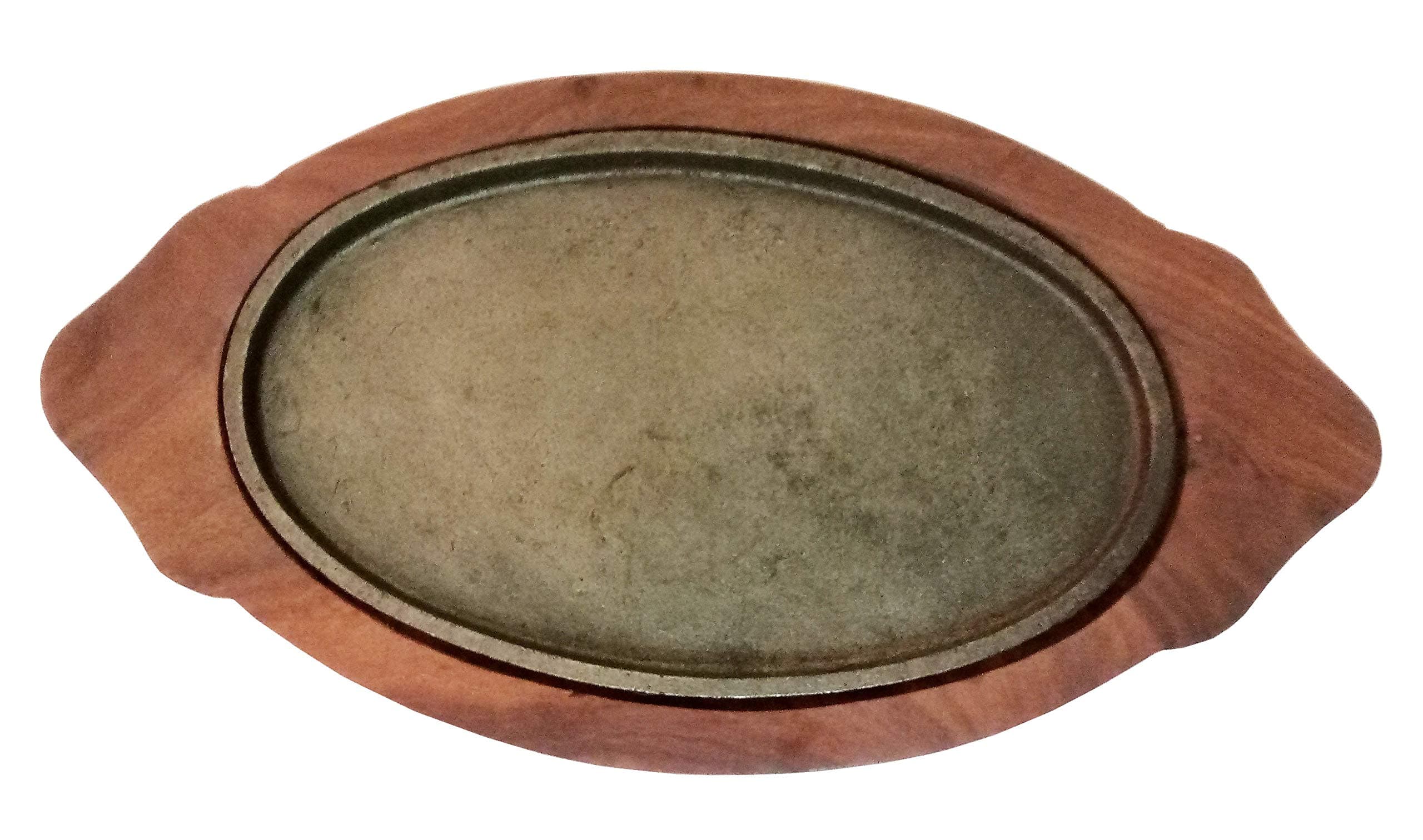 Sahishnu Online And Marketing Fajita Pan with Wooden Tray, Sizzling Brownie Sizzler Plate/Tray with Wooden Base Oval