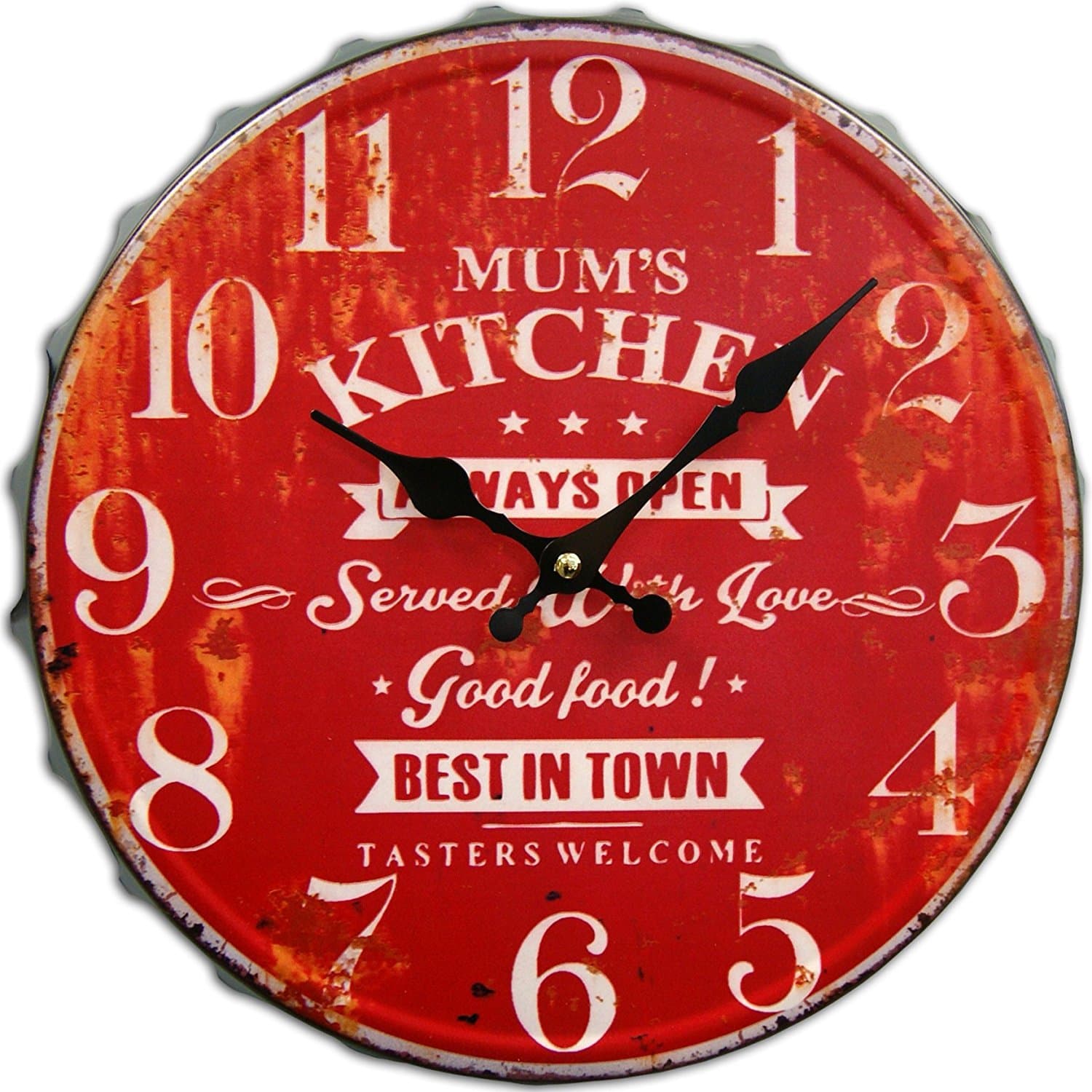 Round Decorative Metal Wall Clock Retro Antique Look Bottle Cap Mums Kitchen 3D Quartz Movement 13x13 Inches