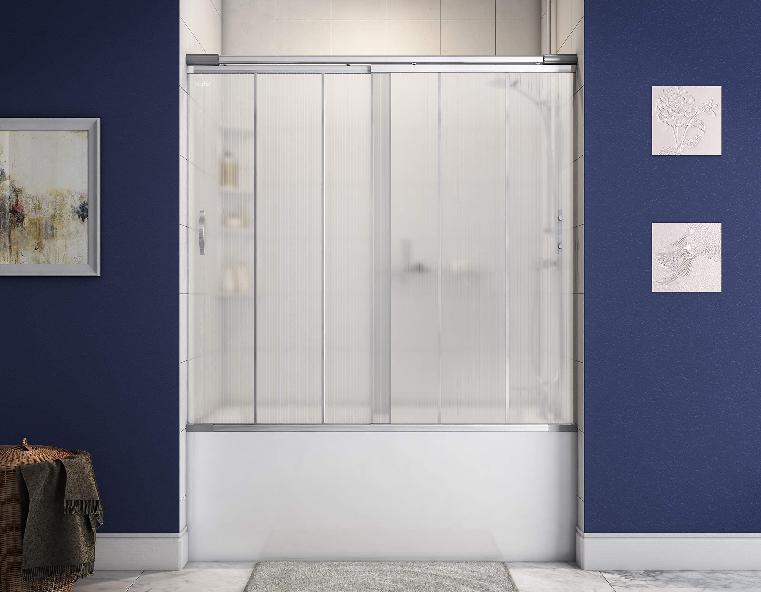 Clip On Sliding Bathtub Shower Door for Bath Tubs 58 to 63 inches With Polycarbonate Panels and Adjustable Tension Rod For DIY Install