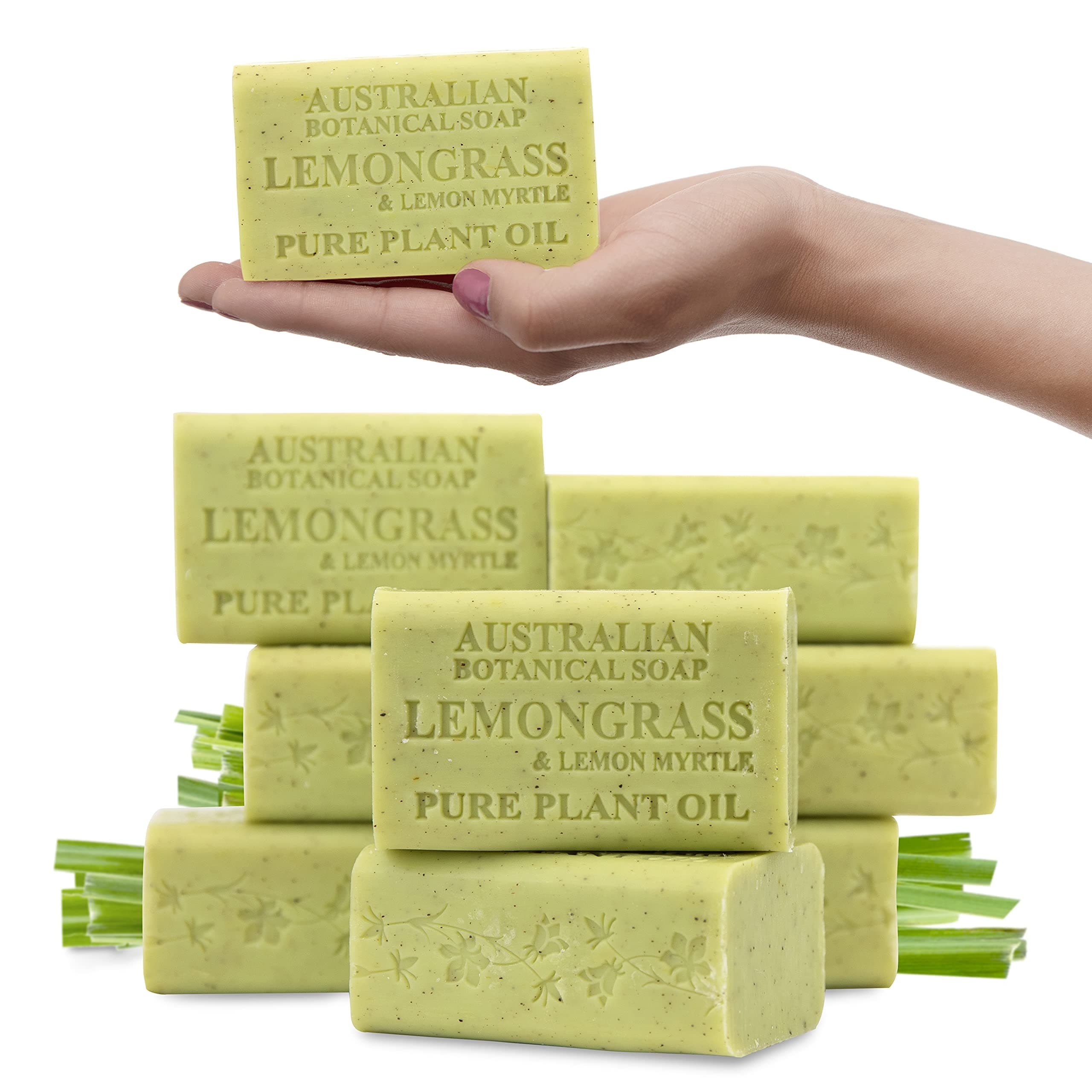 6.6 OZ, Lemongrass and Lemon Myrtle, Triple Milled Bars made with a Natural Soap Base and Enriched with Organic Shea Butter, Pack of 8