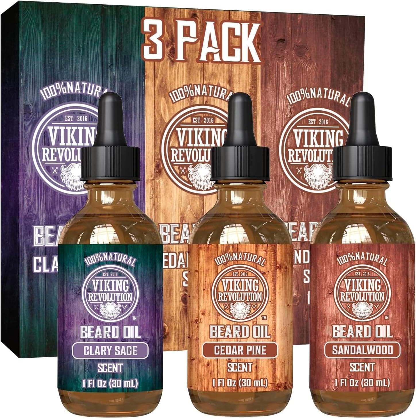 – Beard Oil for Men 3 Pack - Natural Mens Beard Oil Variety Set - Sandalwood, Pine and Cedar, Clary Sage Scents - Beard Conditioning and Moisturizing for a Healthy Beard - 3 x 30 ml