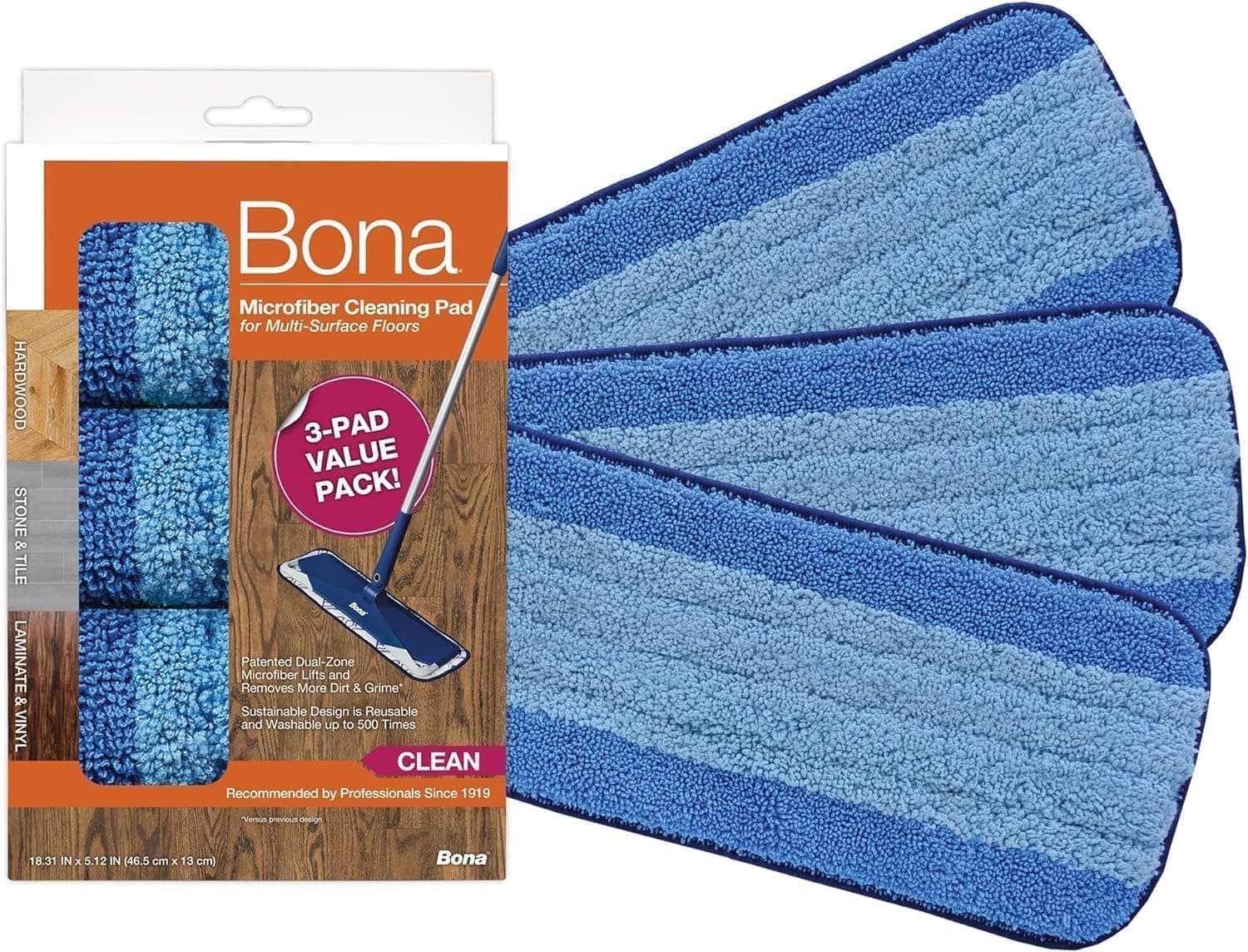 Mop Microfiber Cleaning Pad for Hardwood & Hard Surface Floors - Value 3-Pack - For Use With Bona Mops - Dual Zone Cleaning