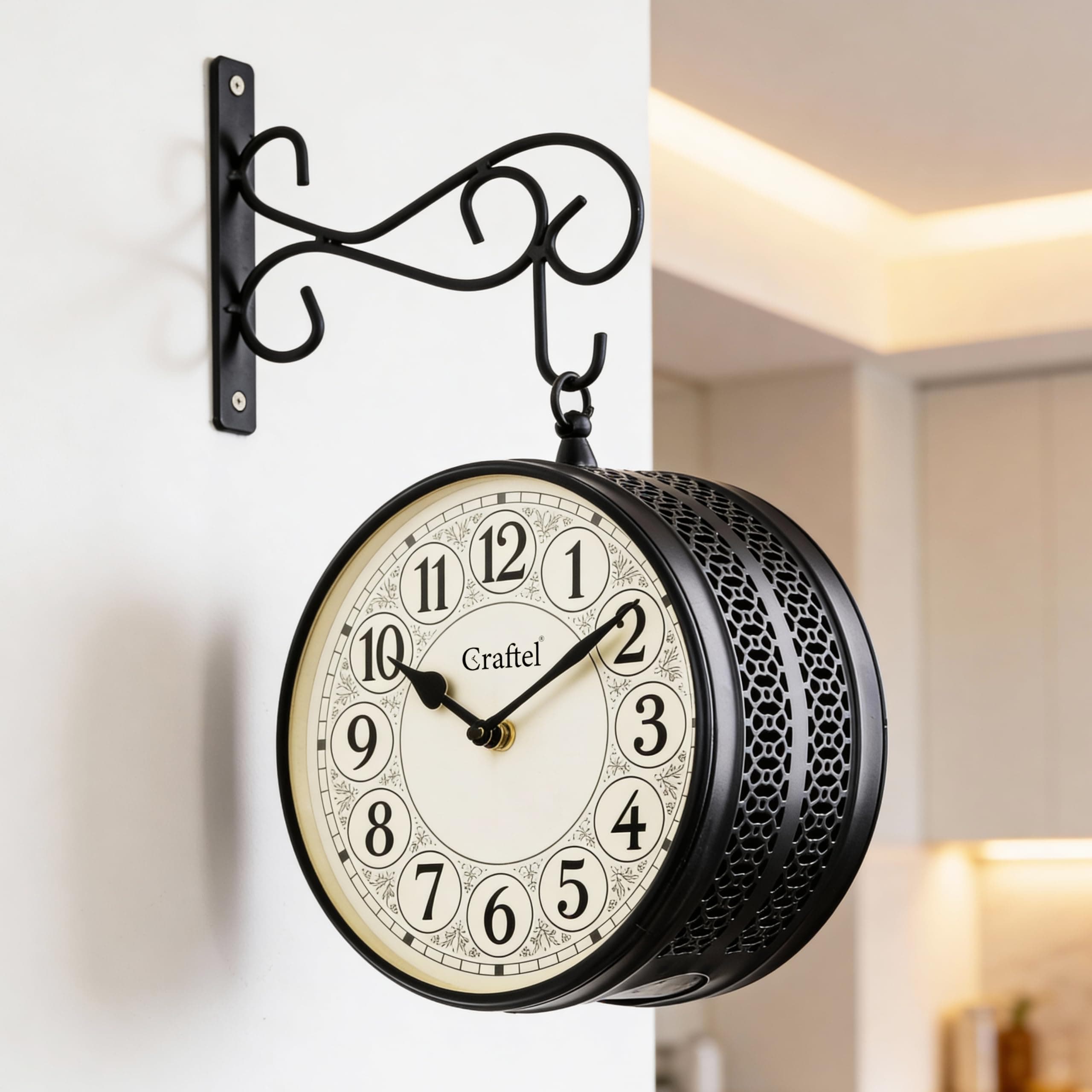 Metal Analog Railway Wall Clock Vintage Double Sided English Roman Hanging Clock for Living Room Home and Office (Dial - 8 Inches, Matte Black)