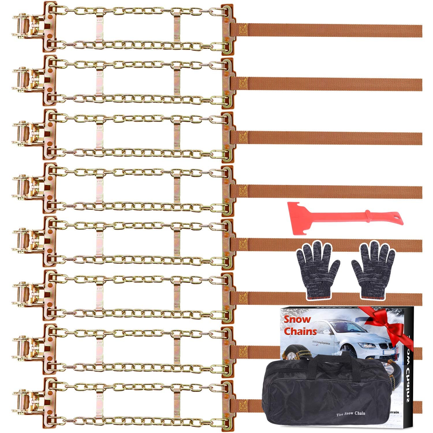 Tire Chains, Snow Chains for suvs, Cars, Sedan, Family Automobiles,Trucks with Update Adjustable Lock for Ice, Snow,Mud,Sand,Applicable Tire Width 205-275mm/8.07-10.8in(8 Pack)