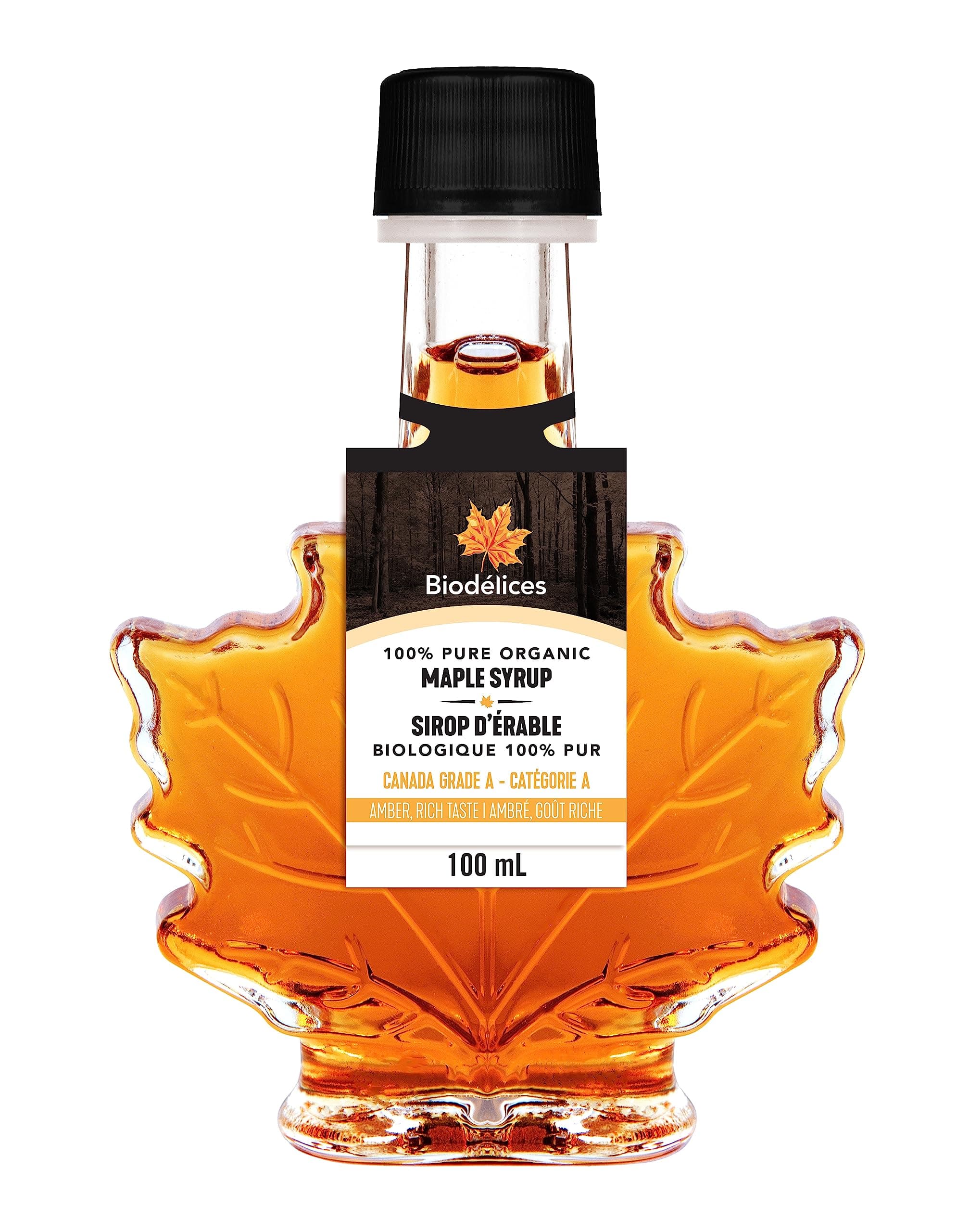 100% Pure Organic Maple Syrup - Premium Grade A - Quebec's Finest in Elegant Maple Leaf Bottle from Biodélices (3.38 Fl Oz (Pack of 1), Maple (CA GRADE A))