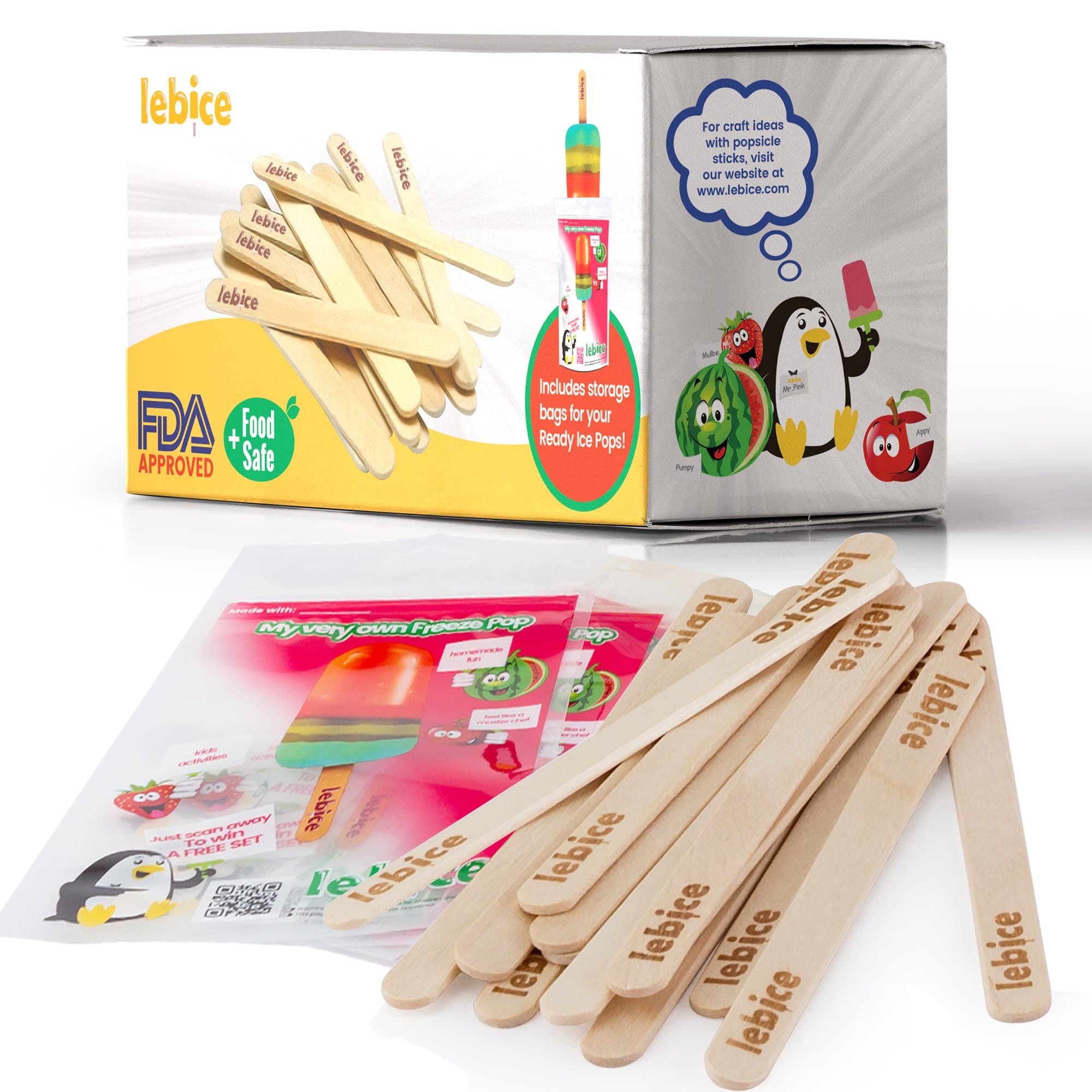 Popsicle Sticks Natural Wood, 300 Craft Sticks, Ice Cream Sticks, Bag for Ice Pops, by Lebice.