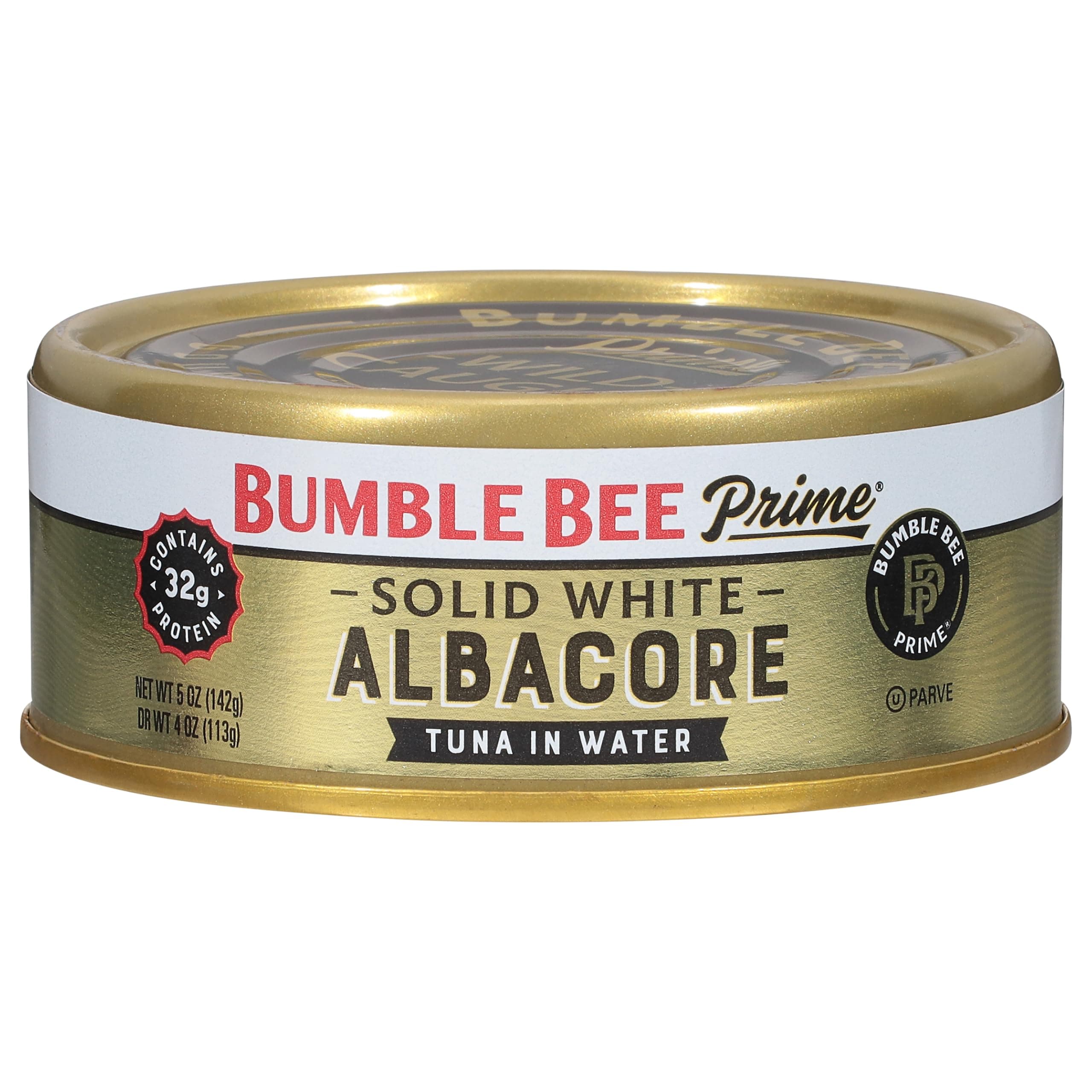 Bumble Bee Prime Solid White Albacore Tuna in Water, 5 oz Easy Open Can - Premium Wild Caught Tuna - 32g Protein per Serving - Non-GMO Project Verified, Gluten Free, Kosher