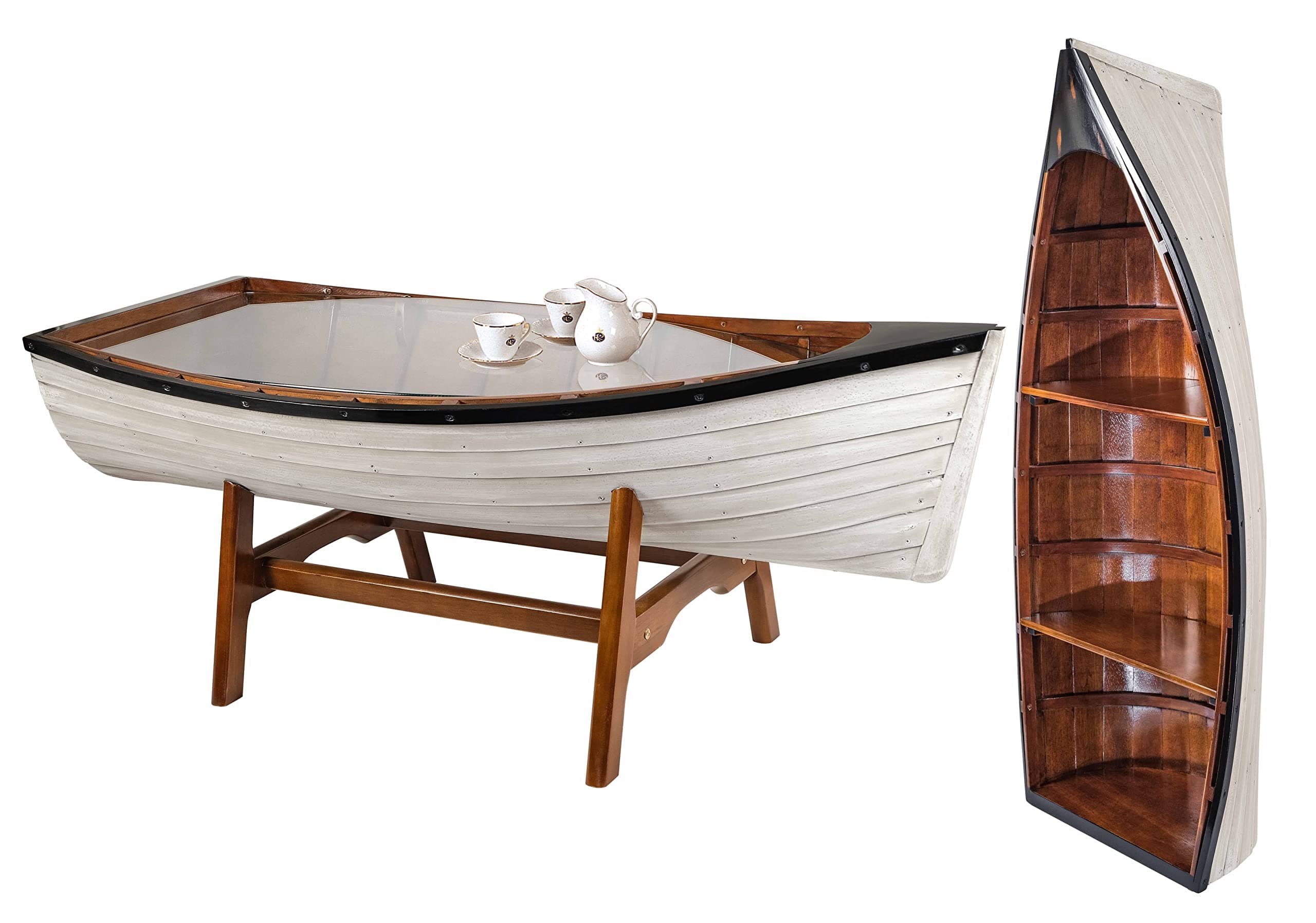 SAILINGSTORY Wooden Boat Coffee Table Boat Bookshelf Coastal Coffee Table Nautical Bookcase Lake House Decor Beach House Decor