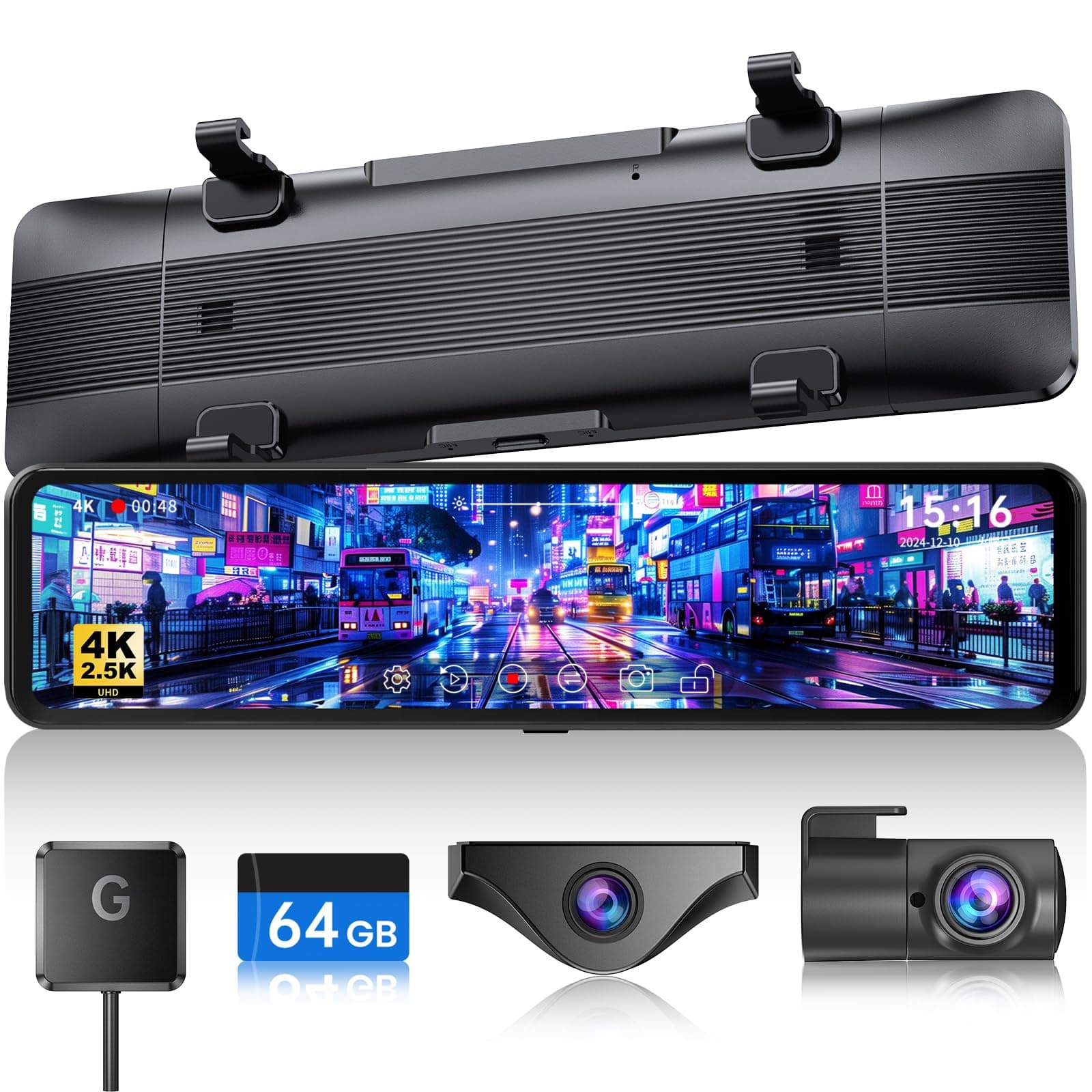 T860+ Mirror Dash Cam 4K Front and 2.5K Rear, Detached Front Camera for 10-Minute Install, 3X Zoom Rear View Mirror Camera, 64GB Card Included, Night Vision, WDR, Parking Assist, GPS