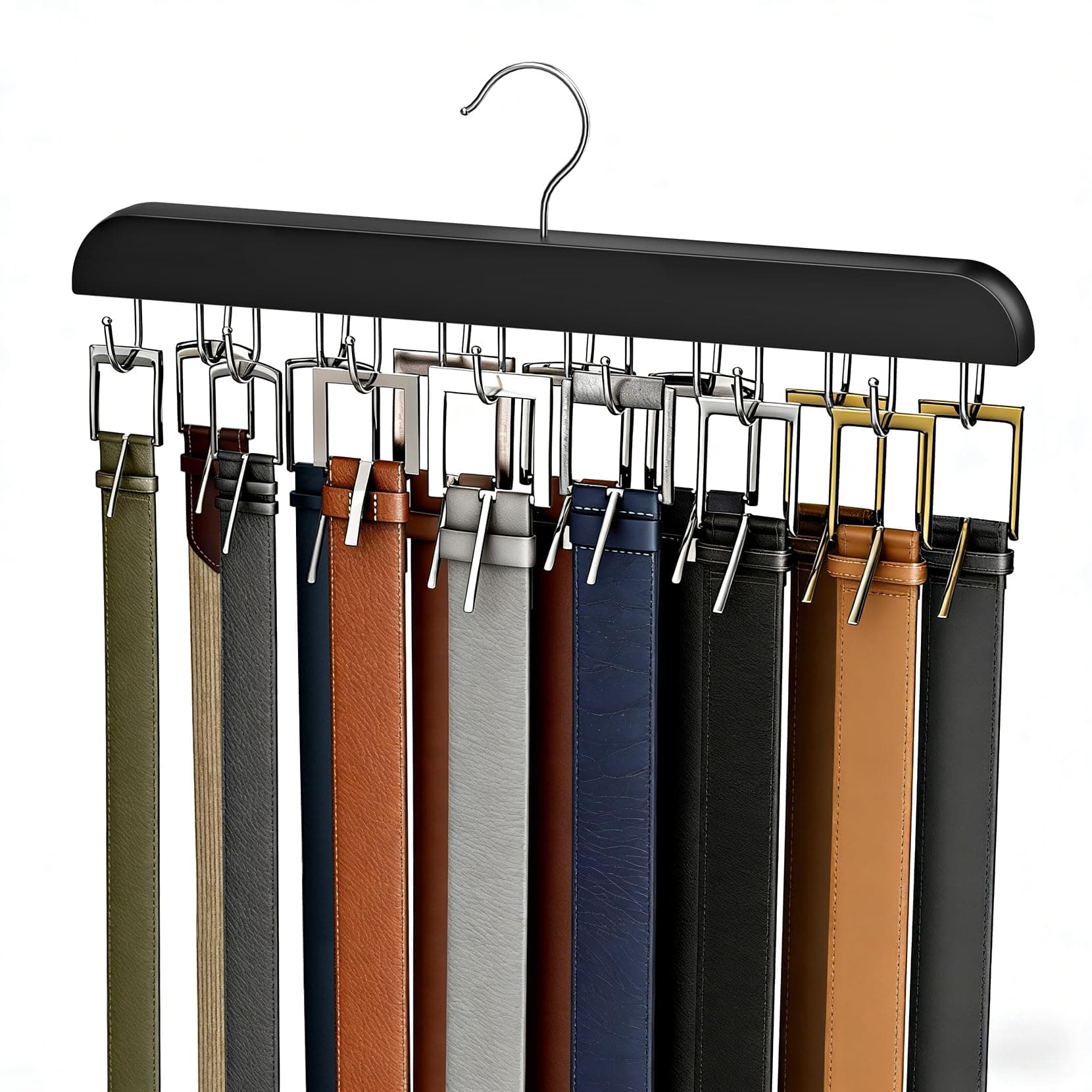 Belt Hanger for Closet Max 42 Belts, Sturdy Wood Belt Rack Closet Accessories with 14 Hooks Belt Organizer for Closet Organizers and Storage -Black 1 Pack