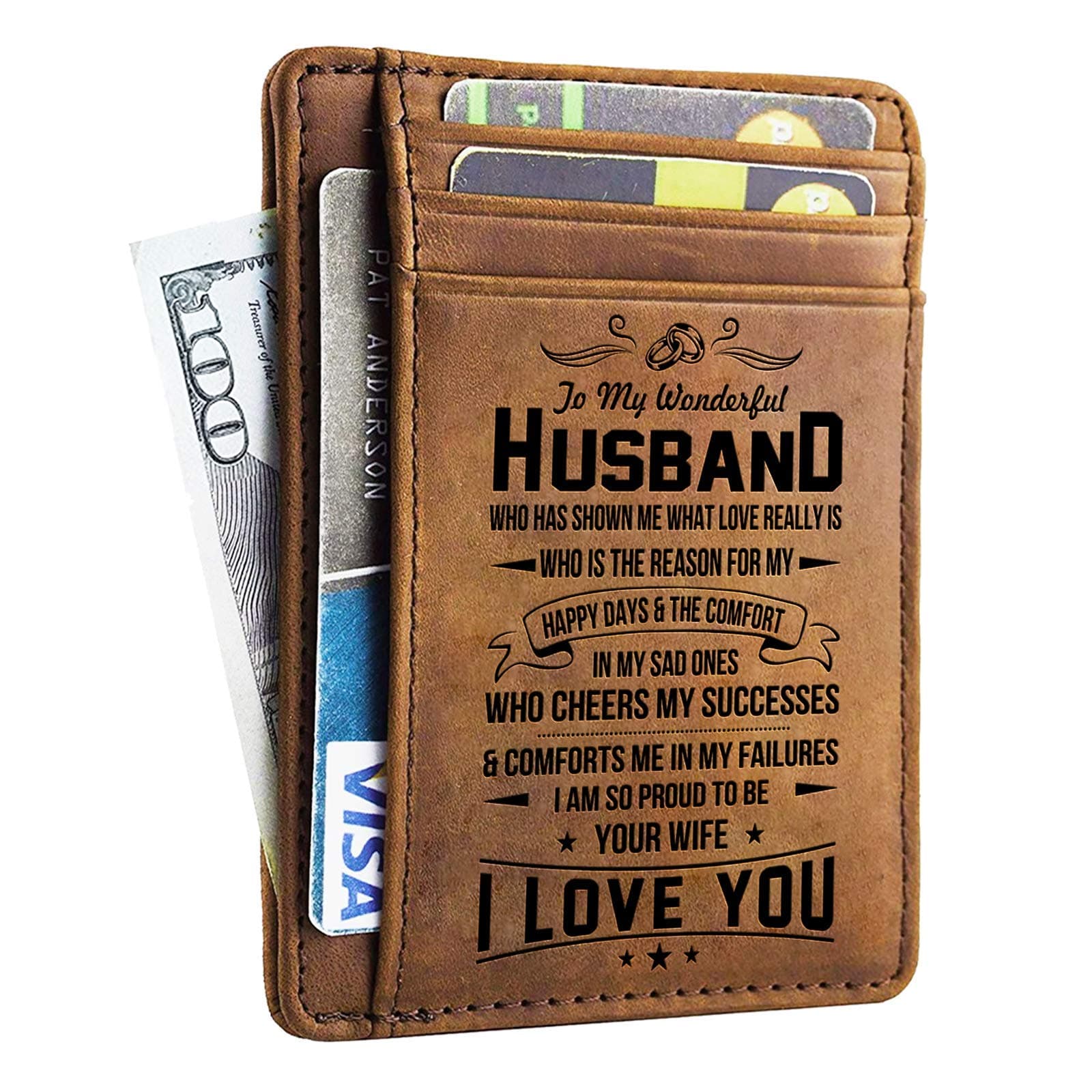 Engraved Leather Front Pocket Wallet RFID Blocking For Men - I Am So Proud To Be Your Wife - Card Case Wallet for Him Birthday Valentine Gifts for Husband