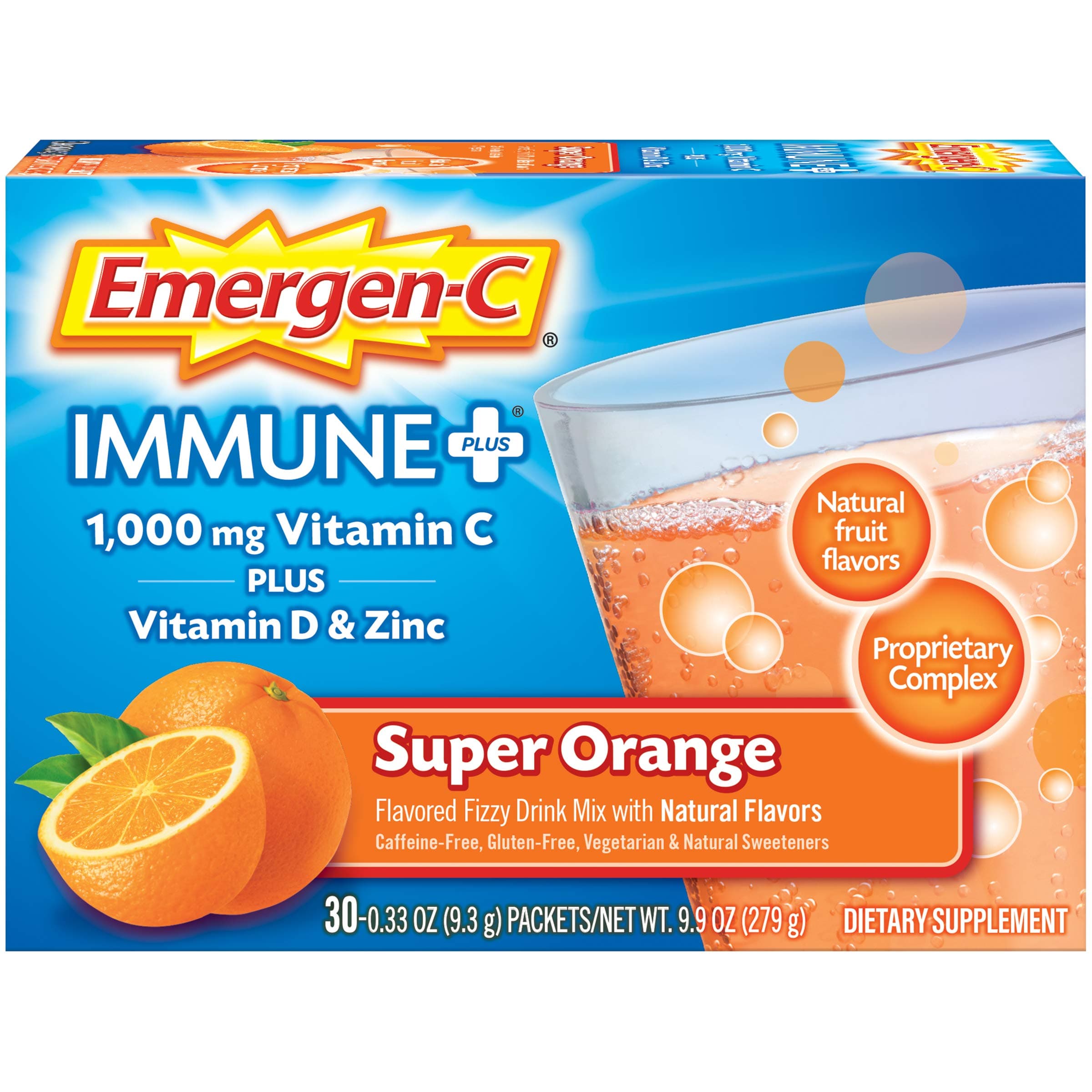 Emergen-C Immune+ Vitamin C 1000mg Powder, Plus Vitamin D And Zinc (30 Count, Super Orange Flavor, 1 Month Supply), Immune Support Dietary Supplement Fizzy Drink Mix, Antioxidants & Electrolytes