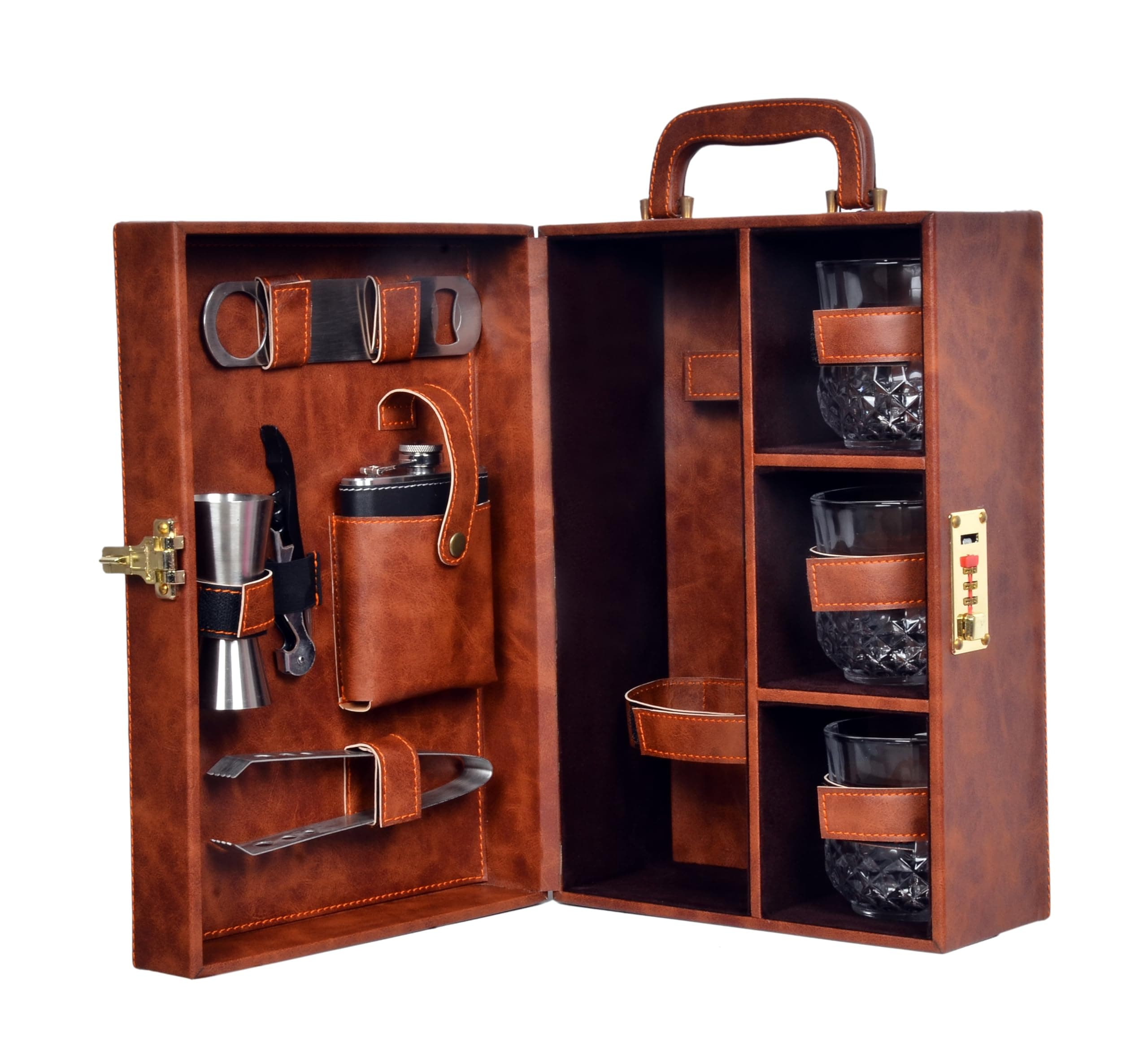 3 Glasses Brown Wooden Portable Bar Set | Premium Mega Bar Set with Stylish Bottle Opener