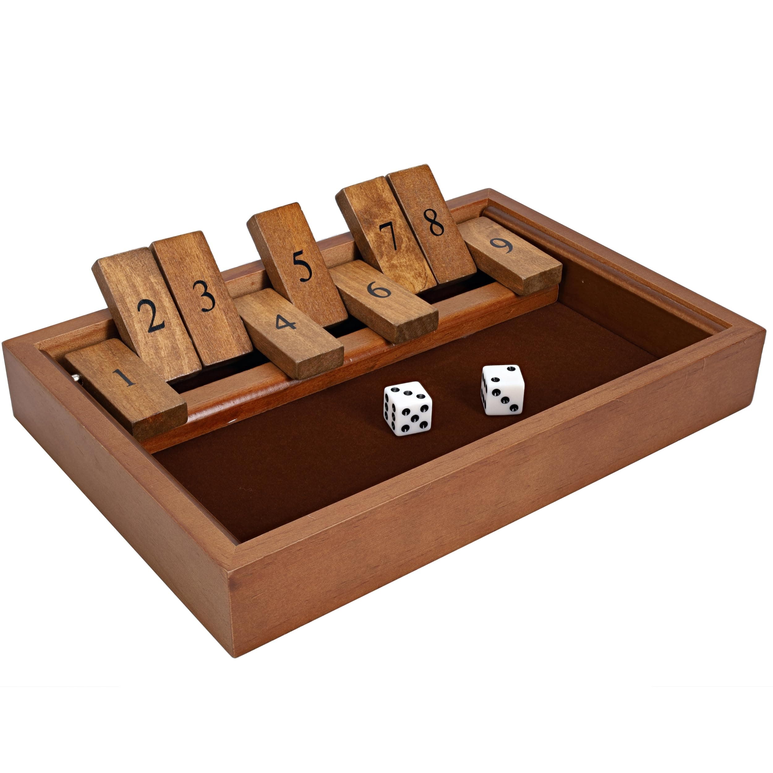 WE Games Shut The Box Game Wooden – 9 Number Flip Tiles with Dark Stained Wooden Box, Perfect for Game Night, Math Games, Clackers, Family Games, Adult Dice Games, Board Games for Adults, 11 inches