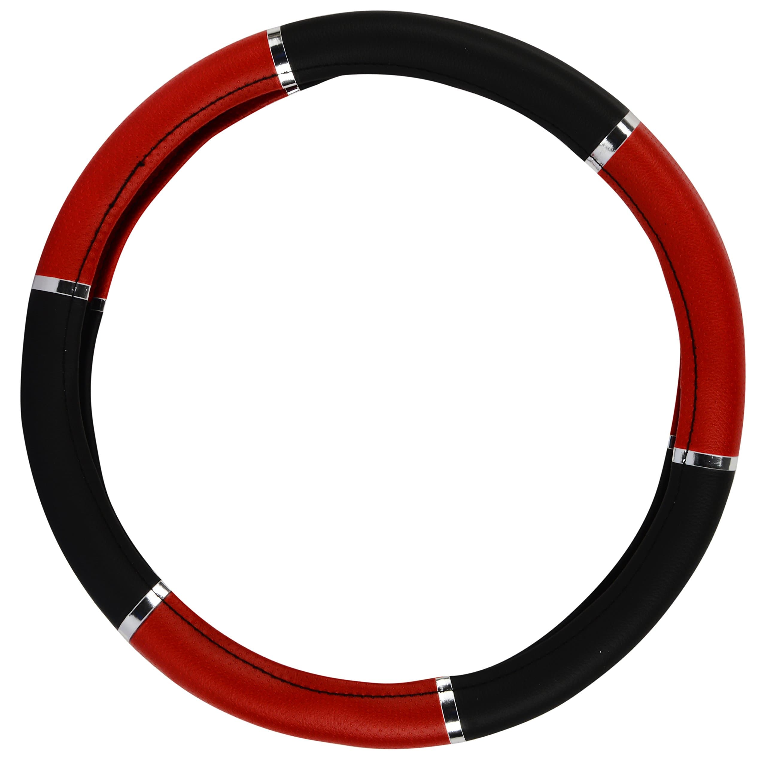 AutoSure Universal Steering Wheel Cover (Black & Red with Chrome)