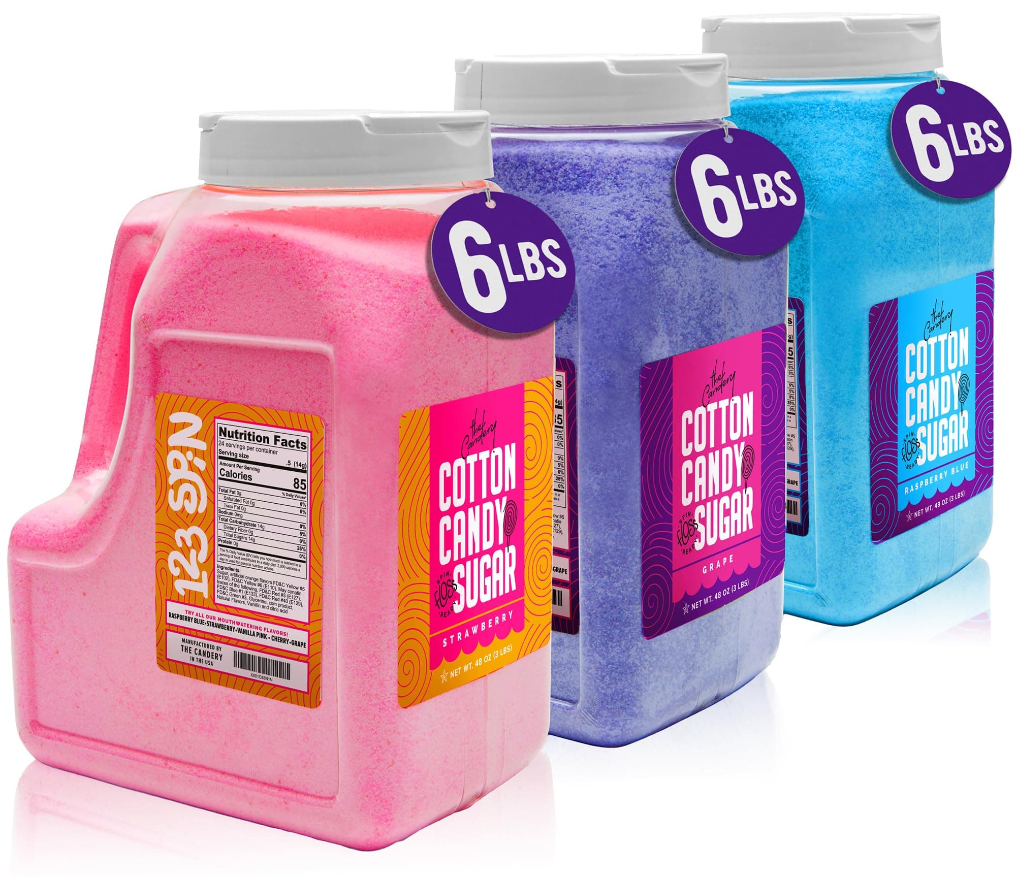 The Candery Cotton Candy Floss Sugar 6lbs 96oz Jars- 3 Pack Strawberry, Raspberry Blue and Grape