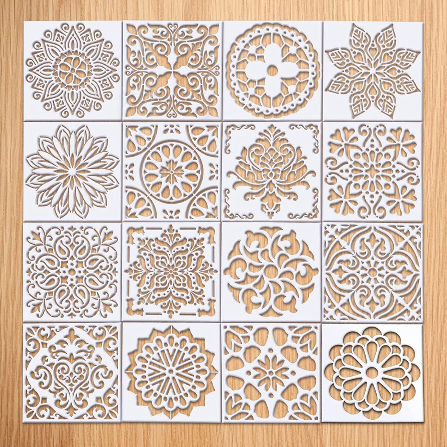 Mandala Painting Stencils, 16pcs Drawing Stencils Set Mixed Floral Painting Wall Stencils Plastic Reusable Hollow Painting Templates for DIY Craft, Murals, Furniture Decorating, 6 x 6 Inch