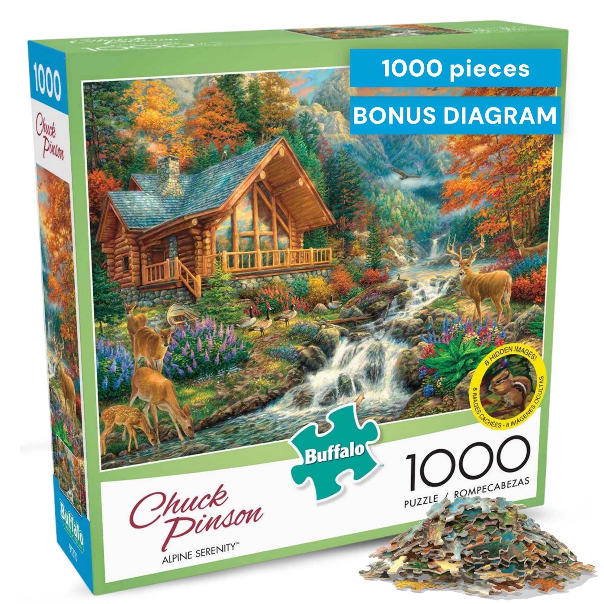 Buffalo Games - Alpine Serenity - Chuck Pinson - 1000 Piece Autumn Jigsaw Puzzle for Adults - Fall Mountain Cabin Scene - Challenging Puzzle for Game Nights - Finished Size 26.75 x 19.75 - Made in USA