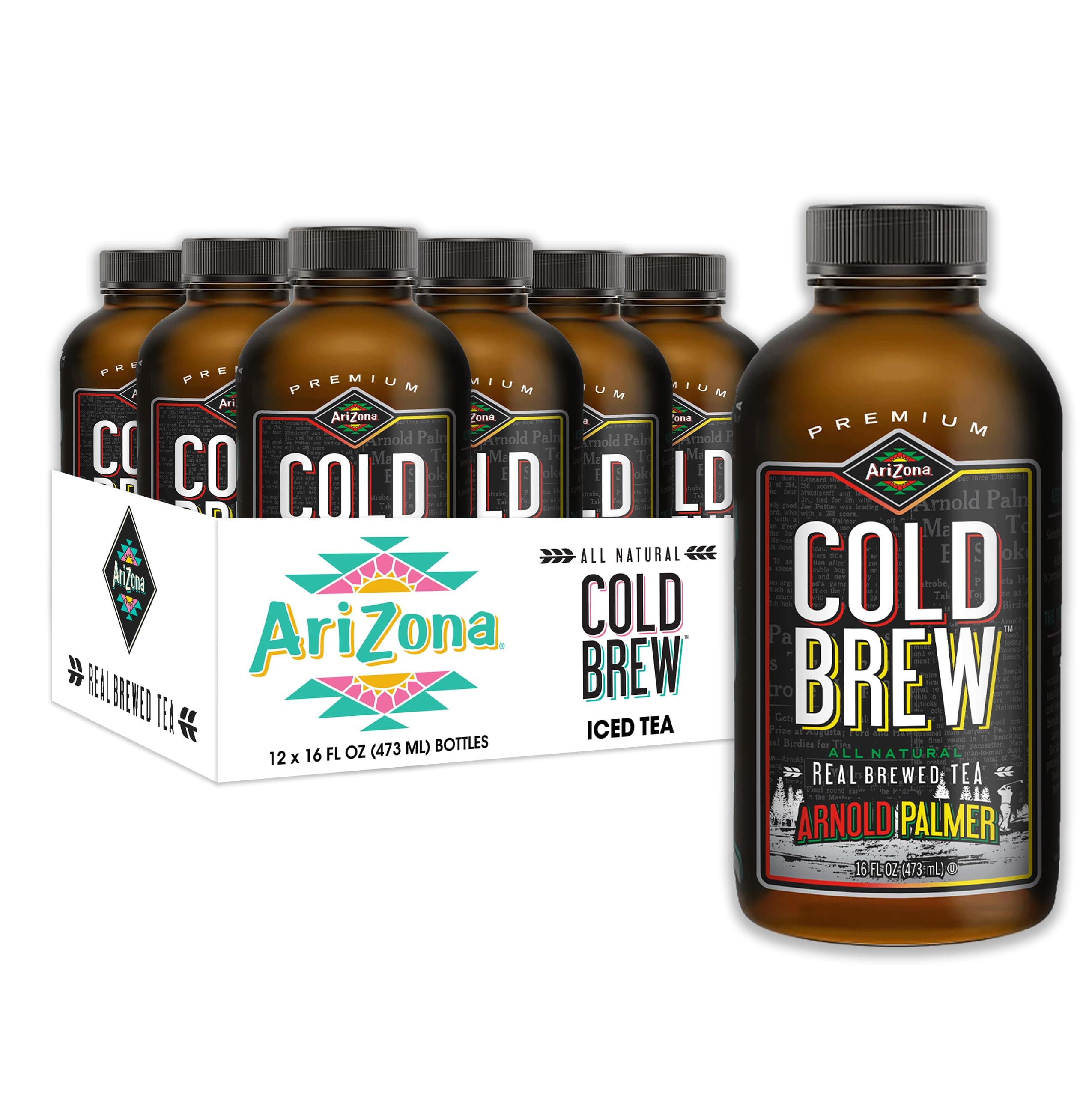 AriZona Arnold Palmer - Premium Cold Brew Iced Tea Half and Half Lemonade with Cane Sugar, 16 Fl Oz (Pack of 12)