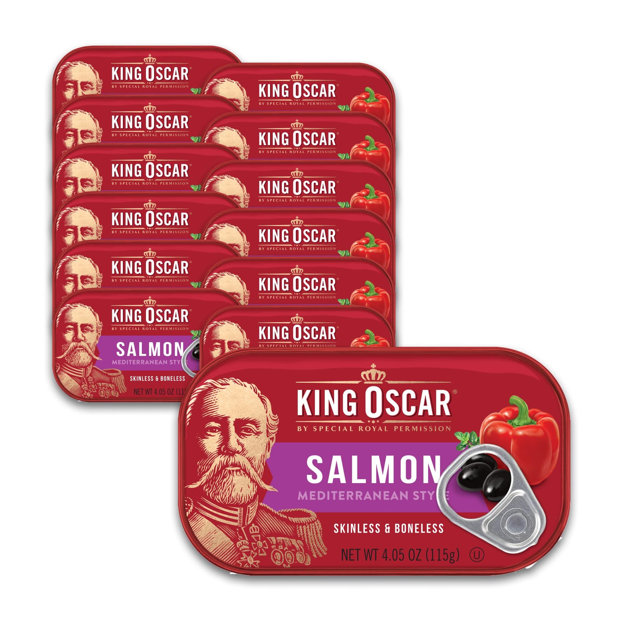 King Oscar Premium Salmon in Olive Oil, Mediterranean Style, 4.05-Ounce Cans (Pack of 12, Packaging May Vary), Skinless & Boneless Salmon