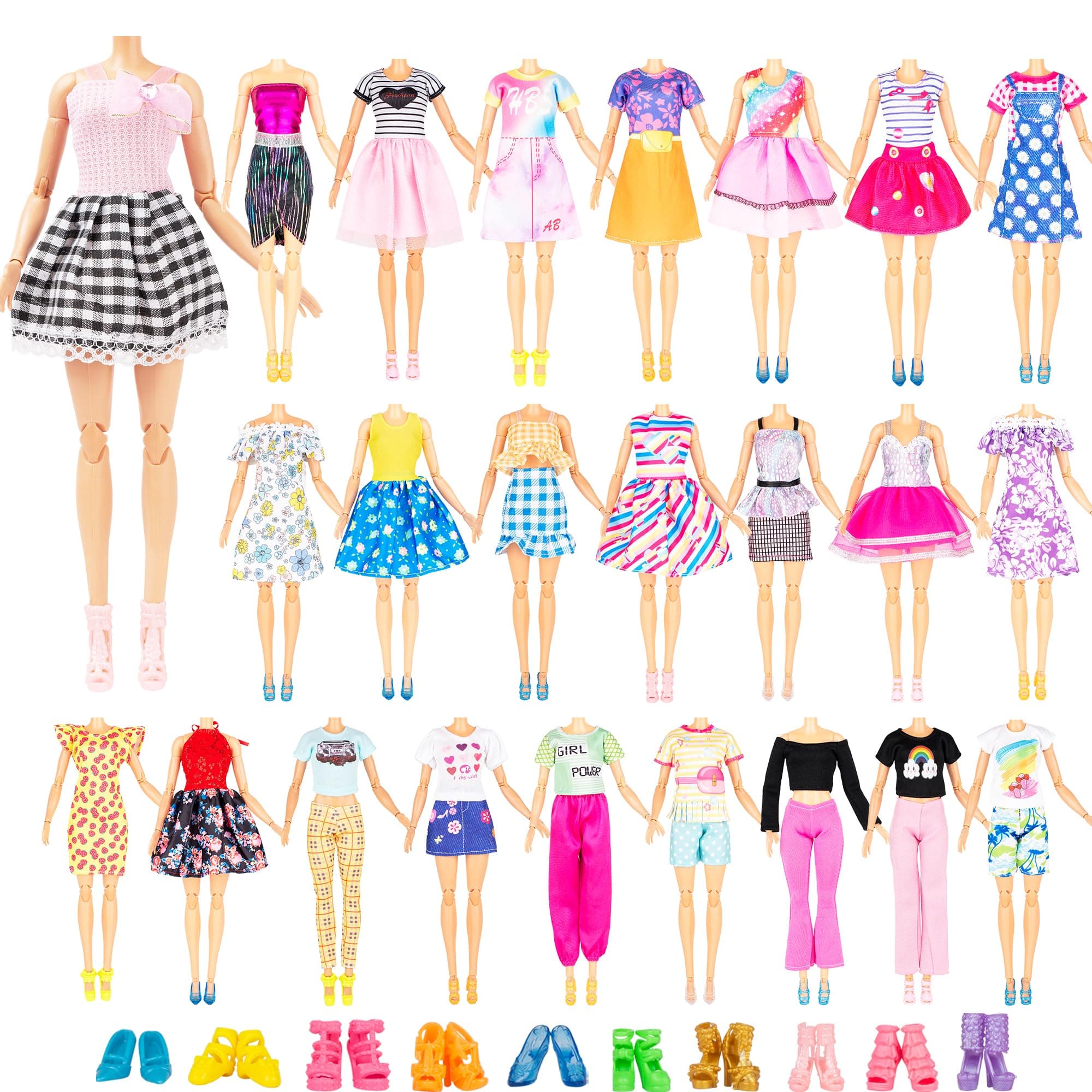 Doll Clothes and Accessories - 20 Fashion Cute in Set for Dolls, 10 Sets Fashion Outfit Include 5 Dresses, 5 Top 5 Pants and 10 Different Stylish Shoes
