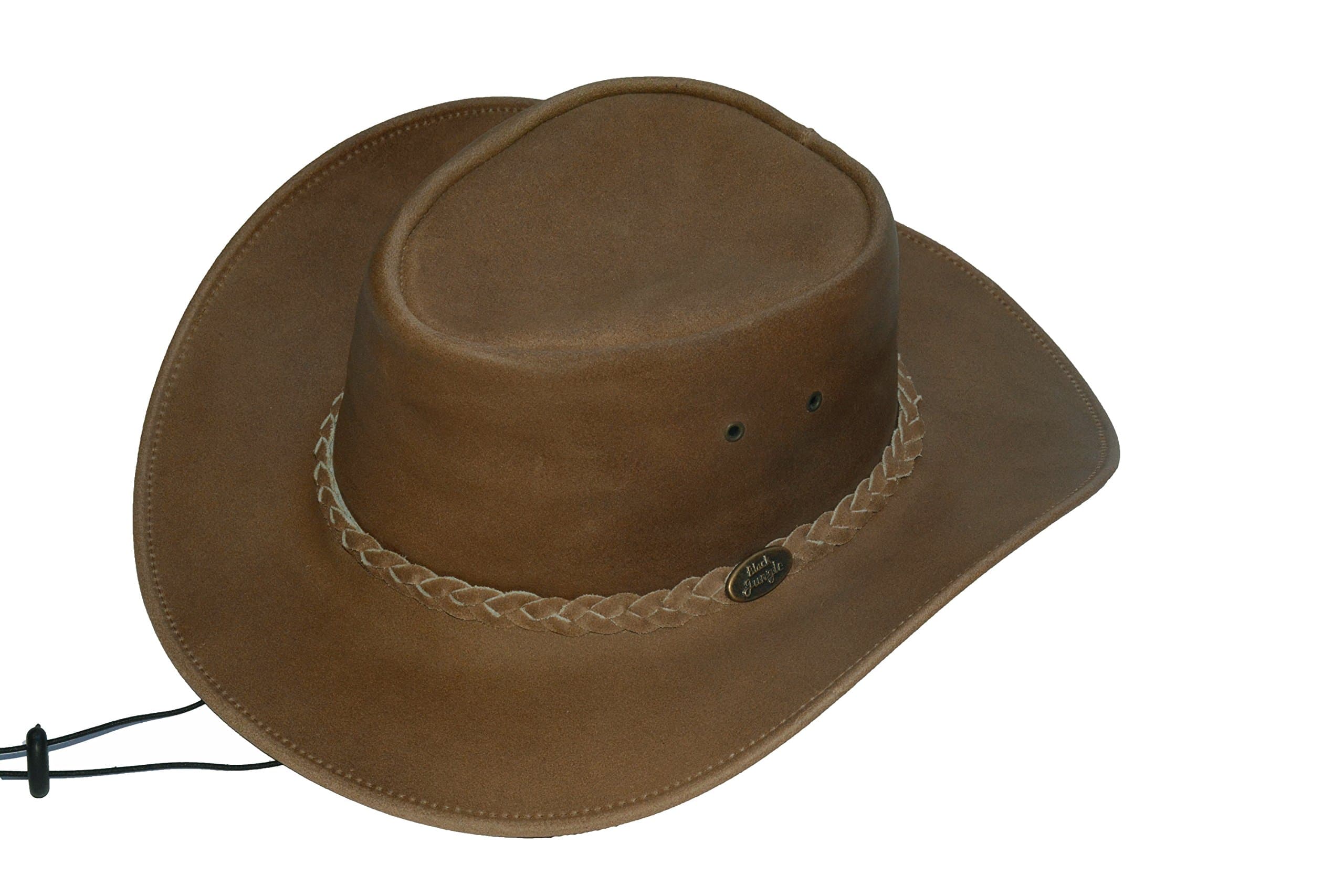 Black Jungle Broome Cowhide Leather Cowboy Hat with Chin Strap, Light Brown, Size S – XXL