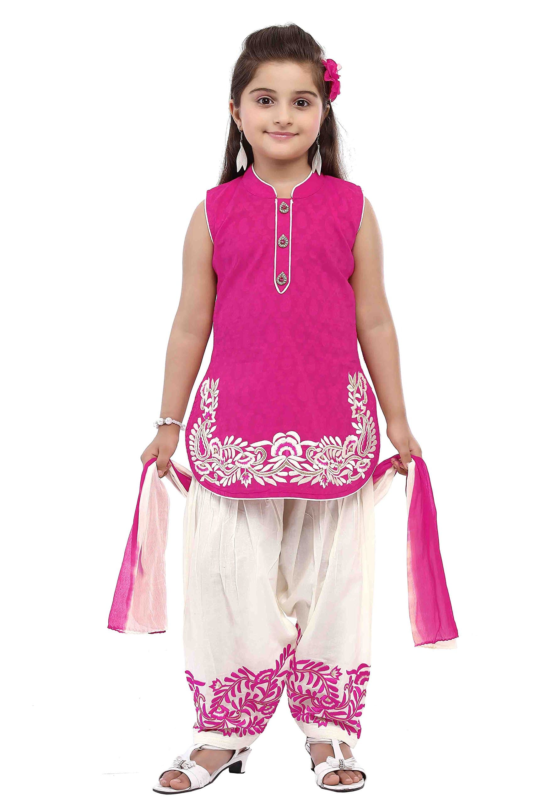 Girls' Indian Ethnic Wear Dupion And Netted Fabric Salwar Suit Set Pink
