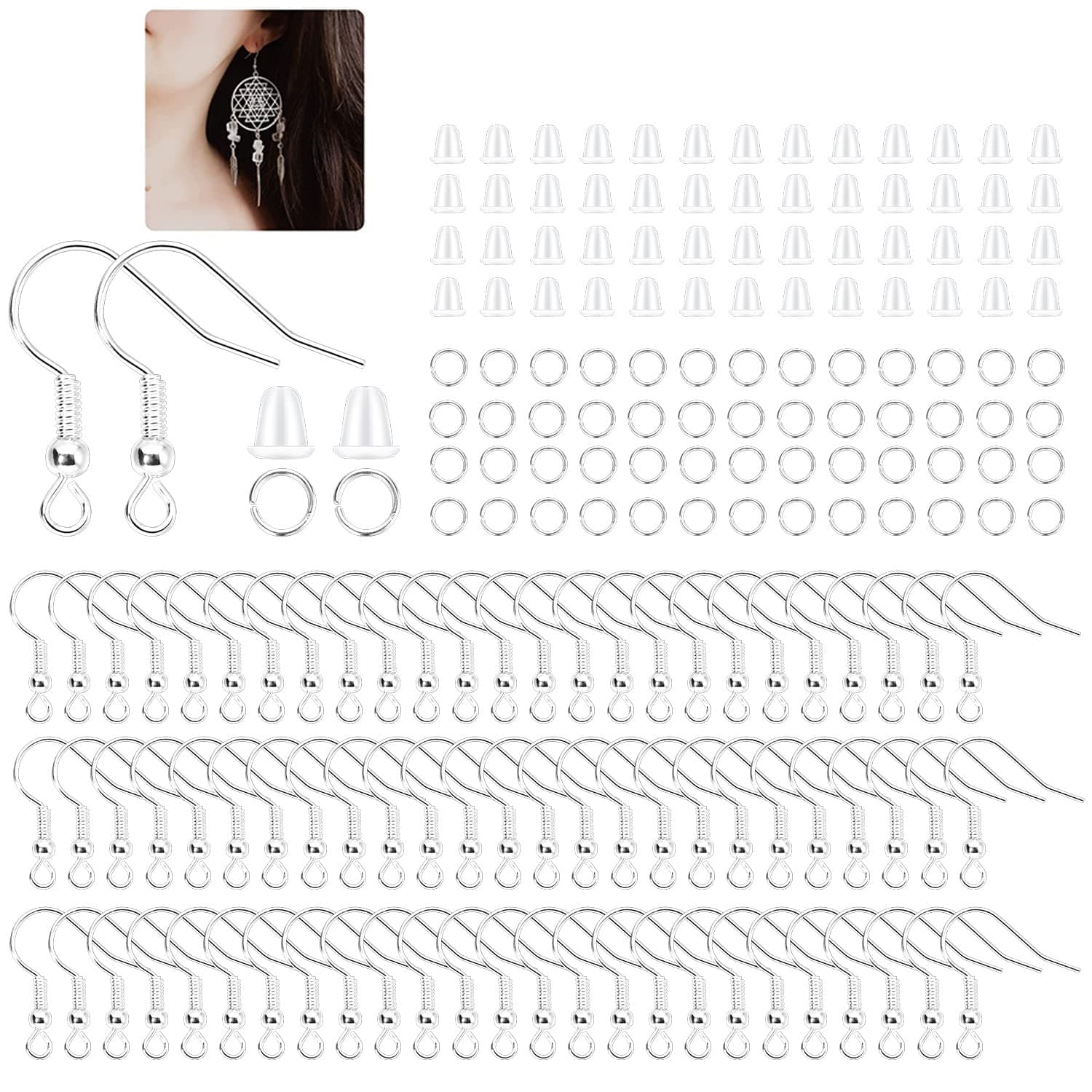 600Pcs Hypoallergenic Earring Hooks, Silver Earring Making Kit, Supplies with Earring Backs and Jump Rings for Jewelry Making (Silver)