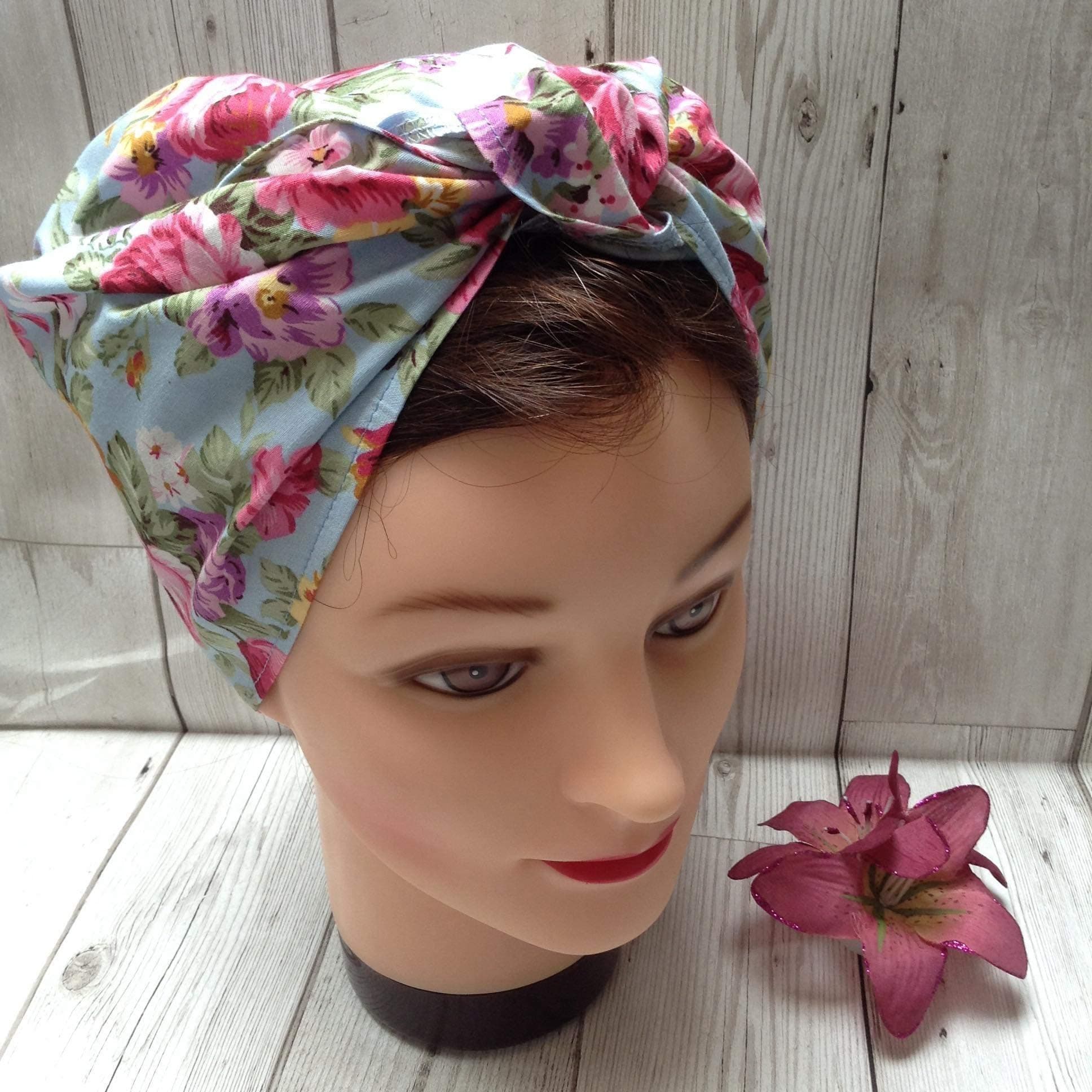 Sky floral vintage style headscarf, chemo hair loss head cover