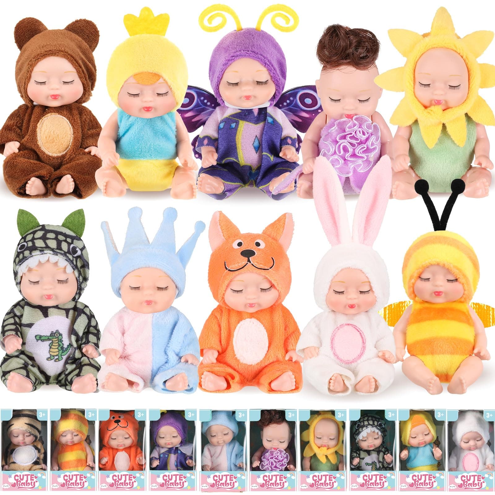 Hanaive 10 Pcs 4 Inch Mini Baby Dolls Lifelike Realistic Baby Dolls Tiny Babies with Animal Clothes Cute Baby Doll Gifts Set for Toddlers Girls Kids 3+ Graduation Baby Shower Birthday(Cute Style)