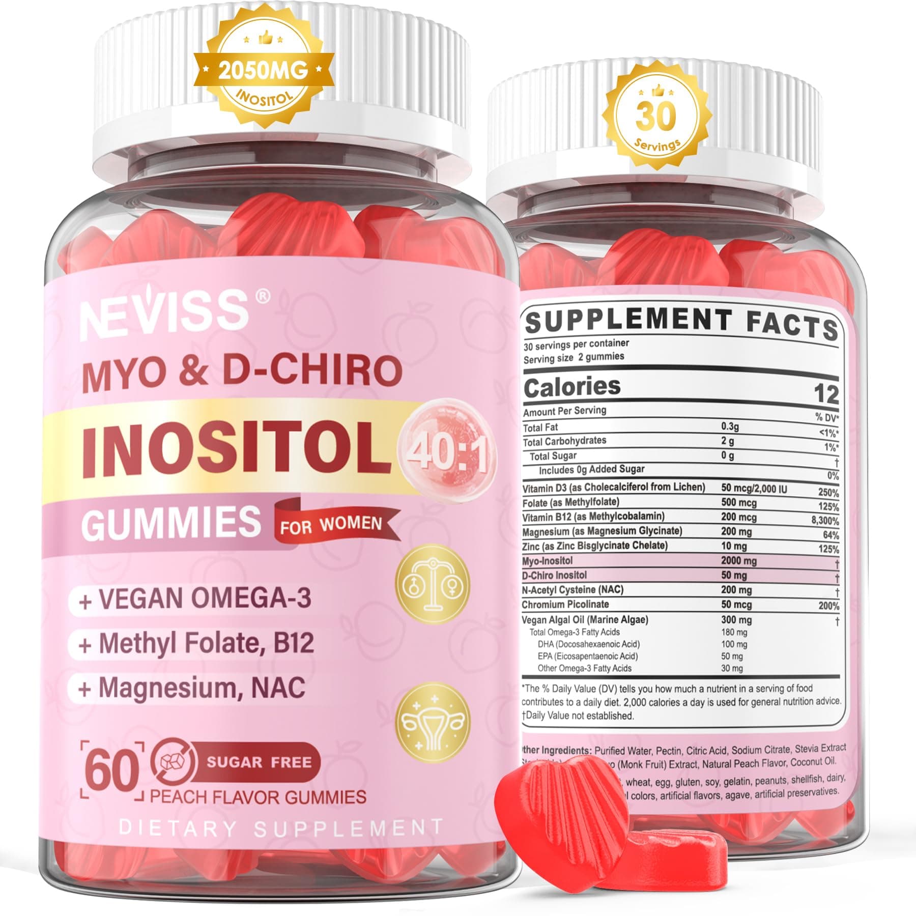 Myo-Inositol & D-Chiro Inositol Gummies Sugar Free, Ideal 40:1 Ratio Inositol Supplement for Women w/ Vegan Omega-3, D3, Magnesium, Methyl Folate, B12, Inositol Multivitamin for Women's Overall Health