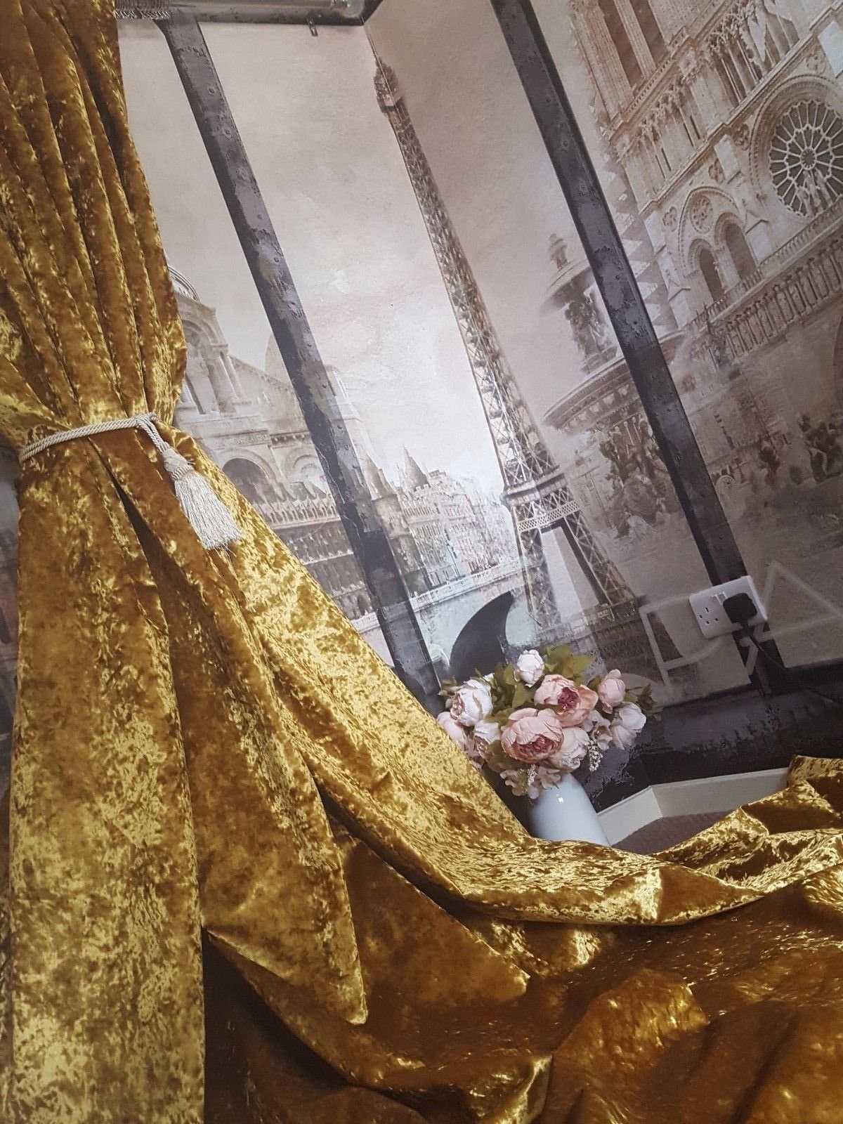 Bespoke Made To Order Opulent Heavy Antiqued Old Gold Crushed Velvet Each Curtain 113" Long 52" Width Cotton Lined Bay Huge Pair Of Curtains