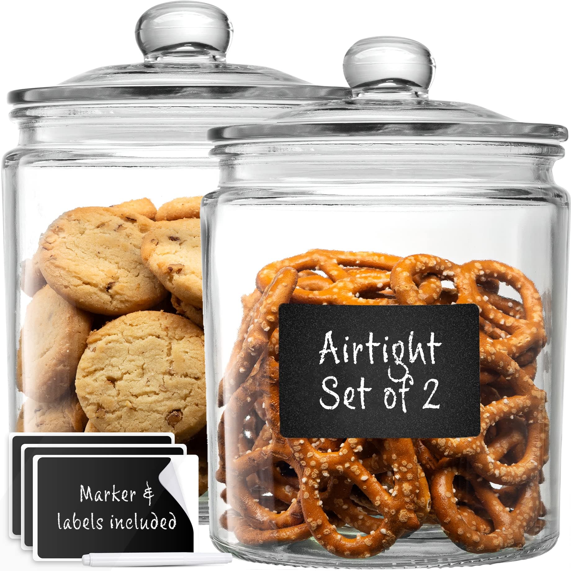 Le'raze 2pc Canister Set for Kitchen Counter + Labels & Marker - Glass Cookie Jars with Airtight Lids - Food Storage Containers with Lids Airtight for Pantry - Flour, Sugar, Coffee, Cookies, etc.