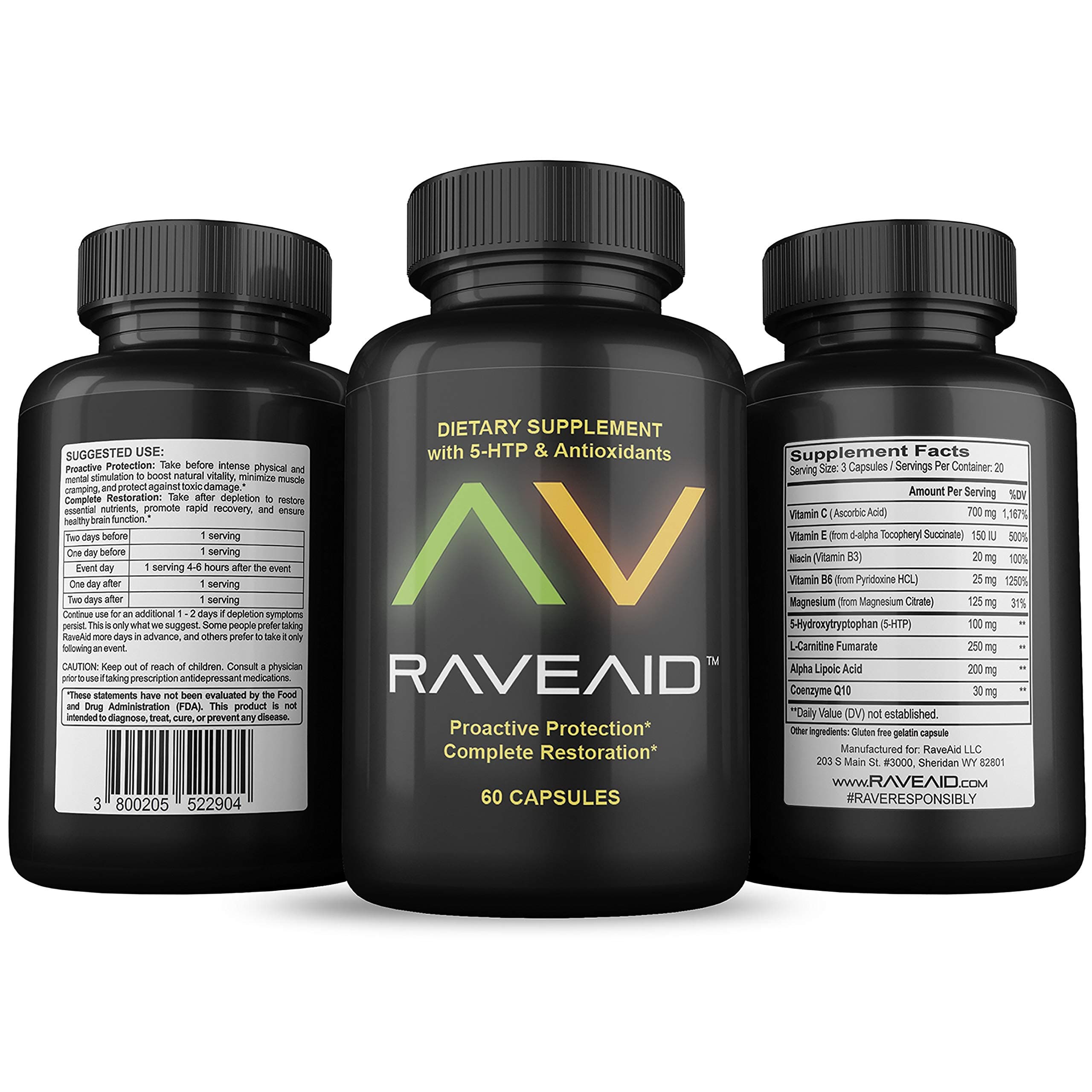 RaveAid Trusted Since 2011 - Prevent Comedowns, Reduce Jaw Clenching, Neurotoxicity Protection | Party & Rave Recovery Cure & Supplement (60 Capsules)