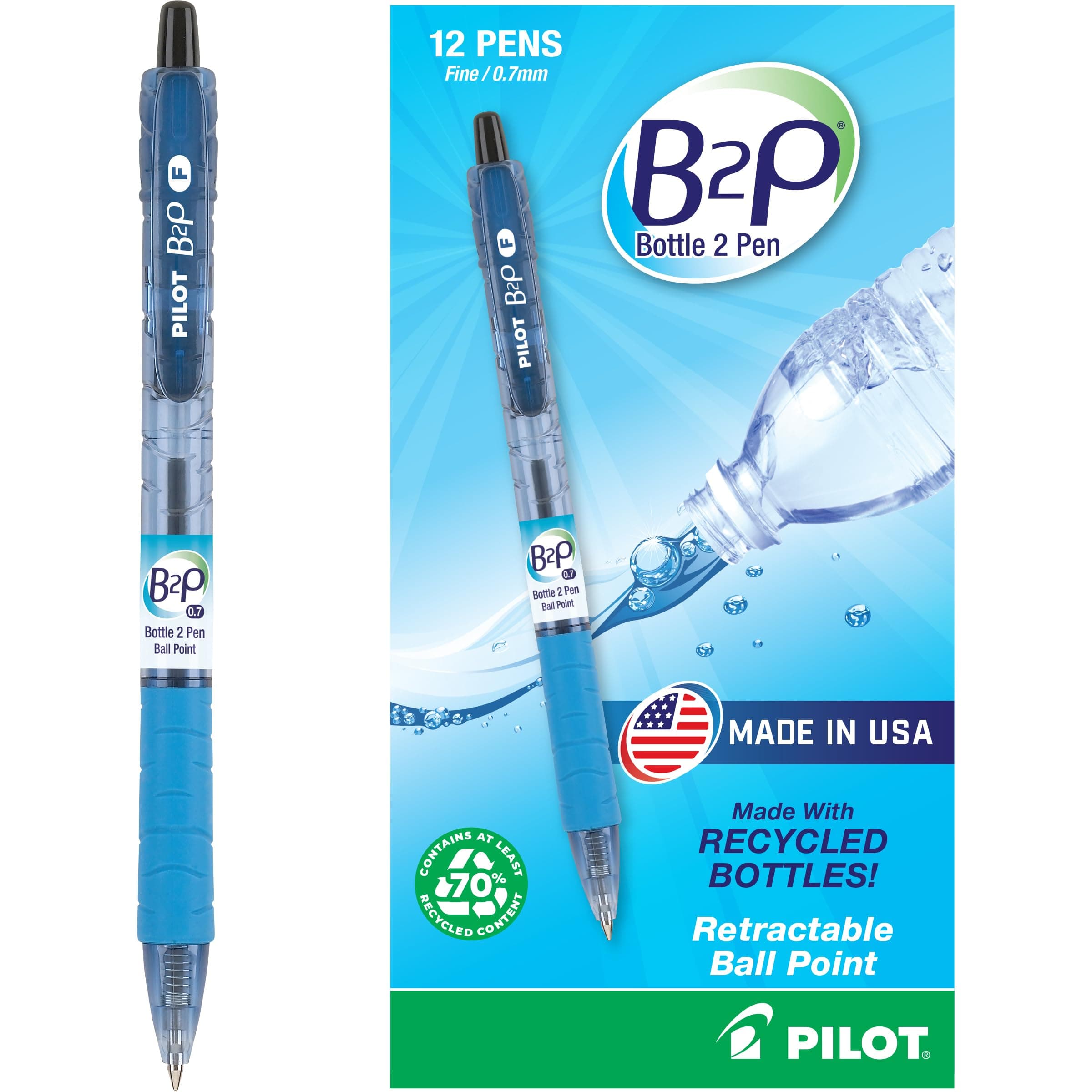 PILOT B2P - Bottle to Pen Refillable & Retractable Ball Point Pen Made From Recycled Bottles, Fine Point, Black Ink, 12-Pack (32600)