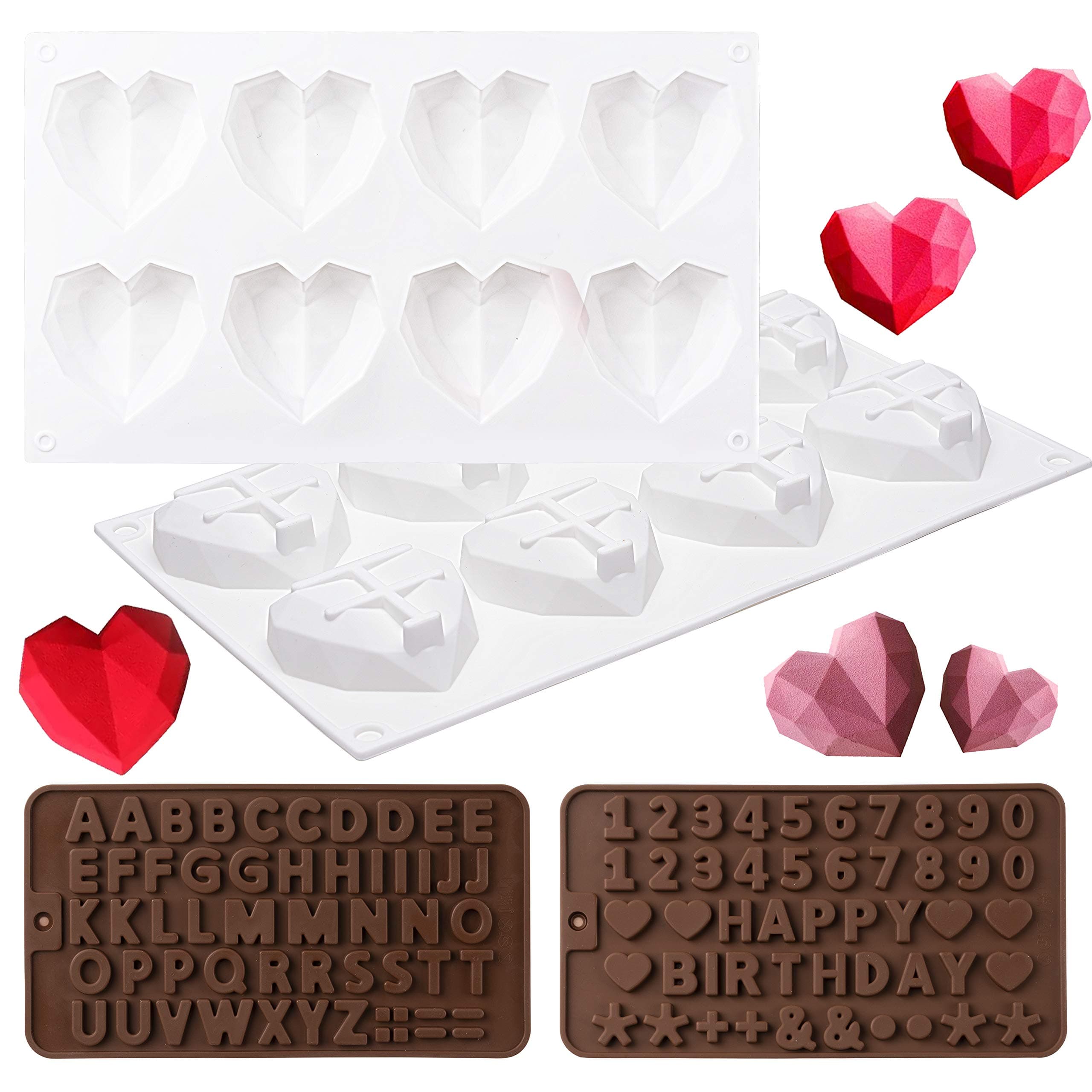GROBRO7Pack of 3 Silicone Heart Diamond Molds HAPPY BIRTHDAY Uppercase Letters Number Punctuation Tray for Baking Chocolate Cookies Ice Cream Fondant Soap Wedding Engagement Valentine’s Day Cake