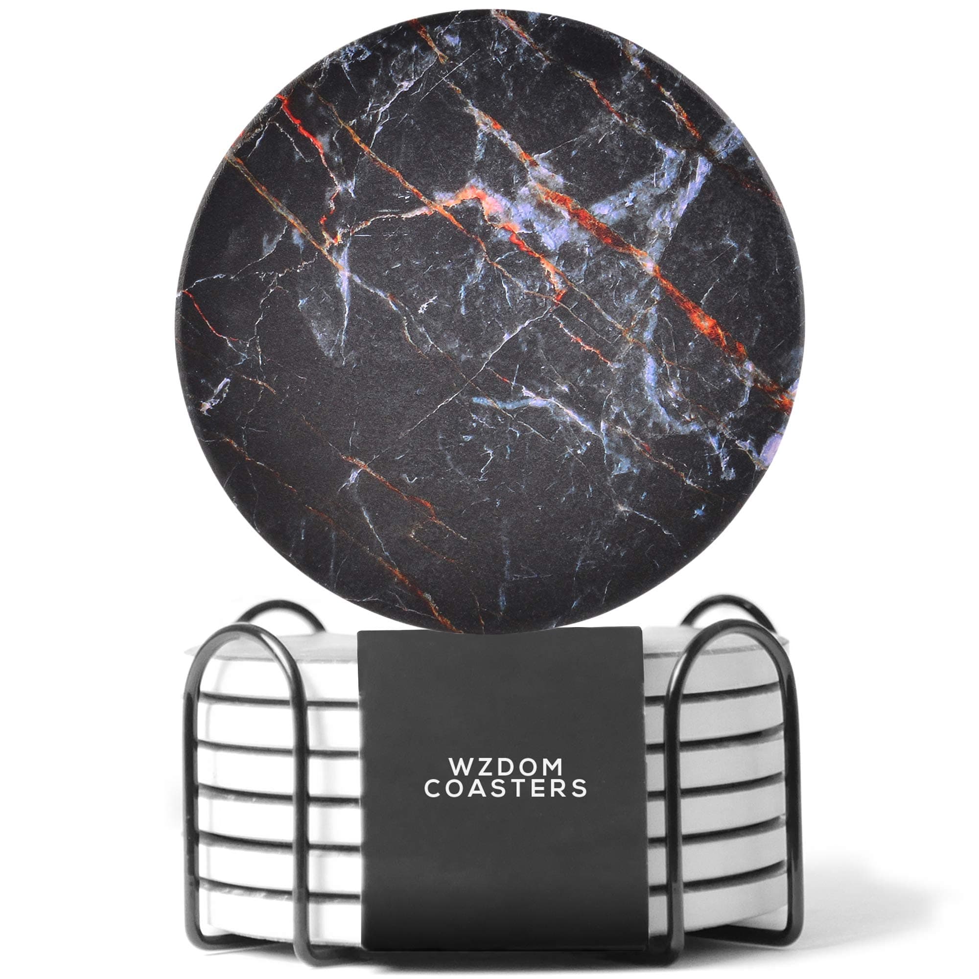 WZDOM Absorbent Ceramic Stone Drink Coasters with Holder - Housewarming Gift for Family and Friends - Stone Coasters for Drinks with Protective Cork Mat Backing - Set of 6 Black Coasters