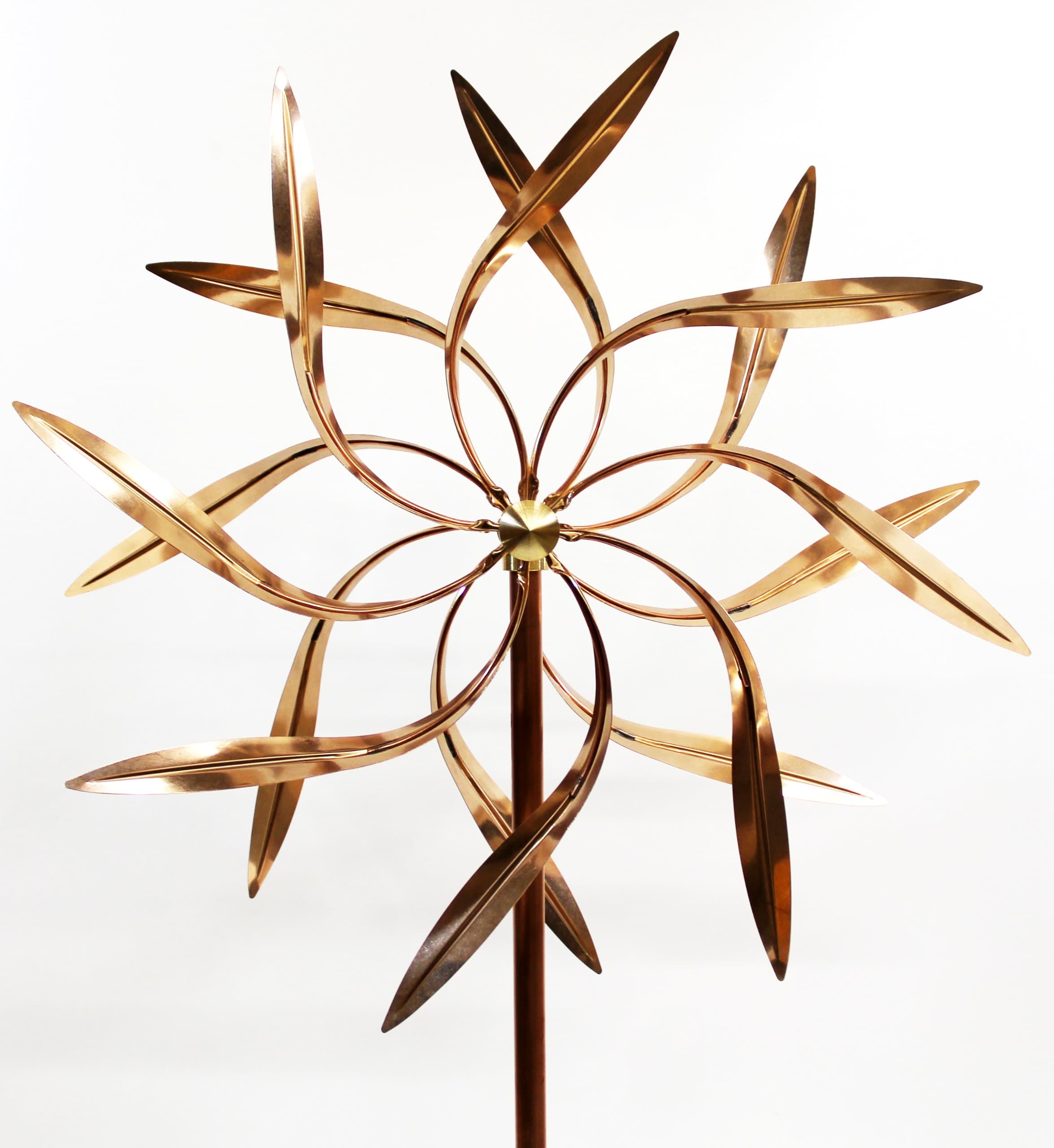 Stanwood Wind Sculpture: Large Kinetic Copper Dual Spinner - Dancing Willow Leaves Jumbo Version (3-ft Across, 9-ft Tall)