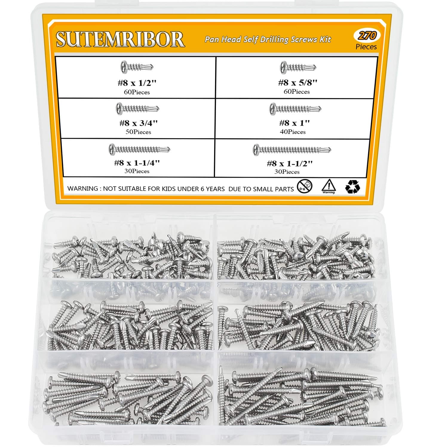 270 Pieces 410 Stainless Steel Self Drilling Screws Set (#8 Pan Head)