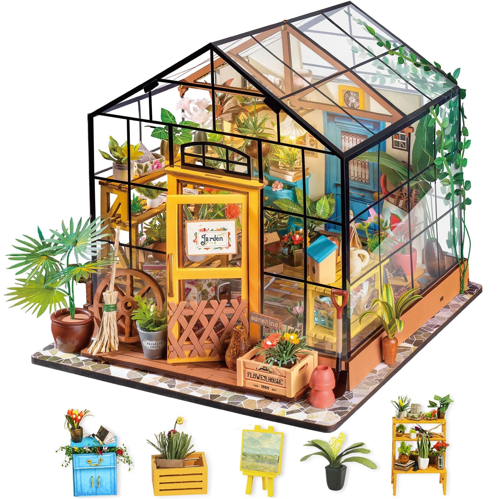 Rolife DIY Miniature House Kit-Mini Diorama 1/18 Greenhouse Dollhouse Building Kit with LED, Crafts for Adults Christmas Birthday Gift for Women Adults Dad Mom Home Decor (Cathy's Flower House)