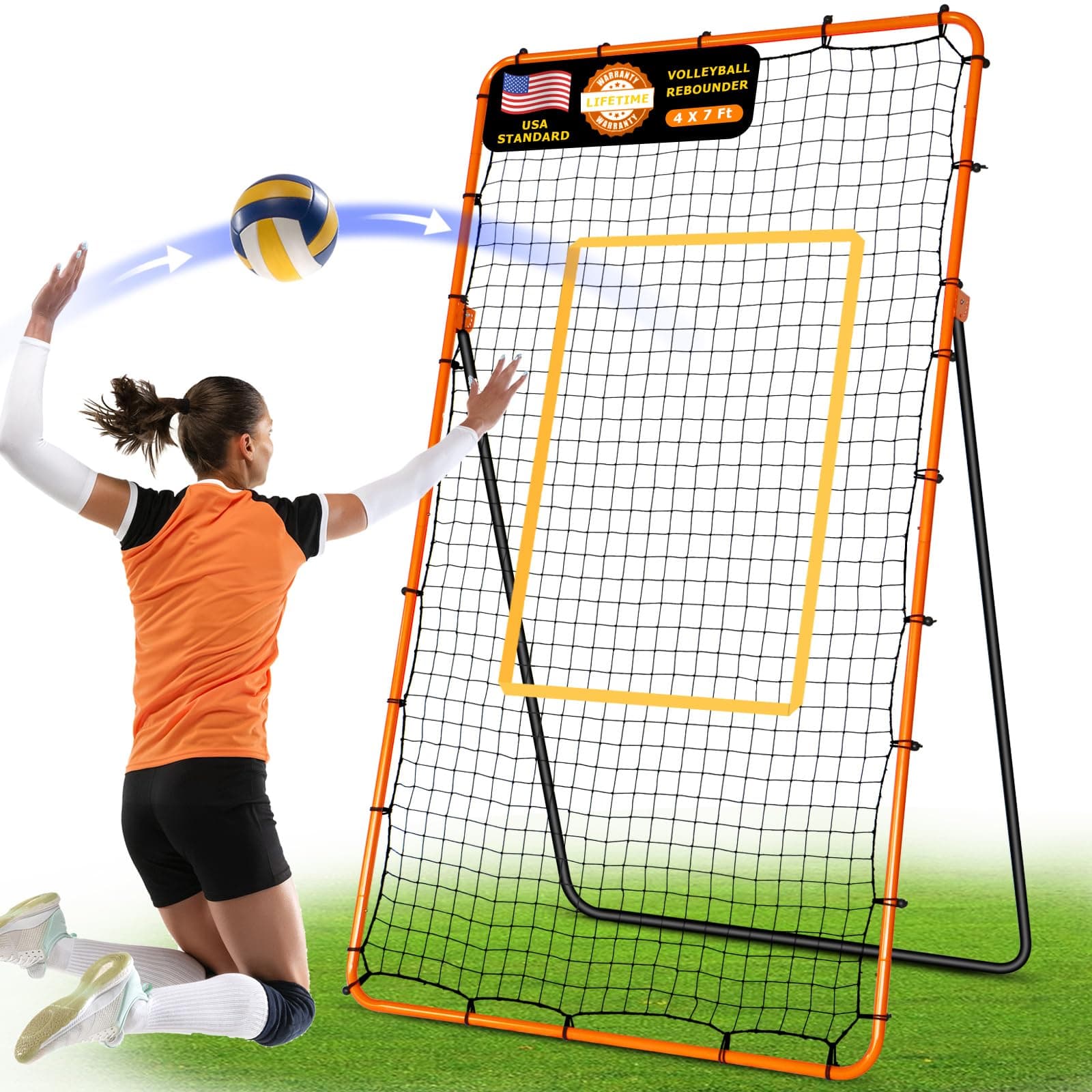 Volleyball Rebounder Net 7x4 ft, Training Equipment with Angle Customization for Practicing Volleying, Bumping, Spiking Training, Portable Travel Bag