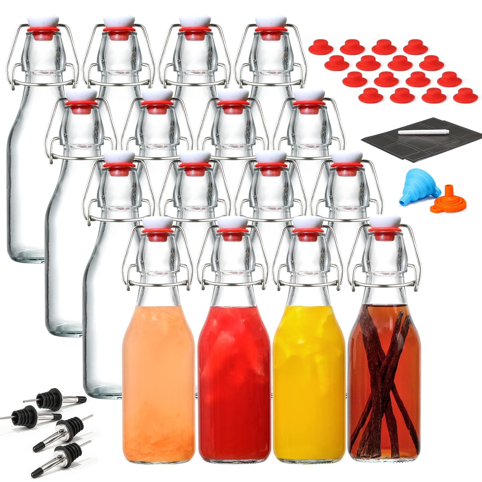 16 Pack 8.5oz Flip Top Glass Bottles, Swing Top Beer Brewing Bottle for 2nd Fermentation, Kombucha, Kefir, Vanilla Extract, Coquito, Juice, Tea - Airtight Stopper Cap Lid, Bonus 4 Bottle Pourers
