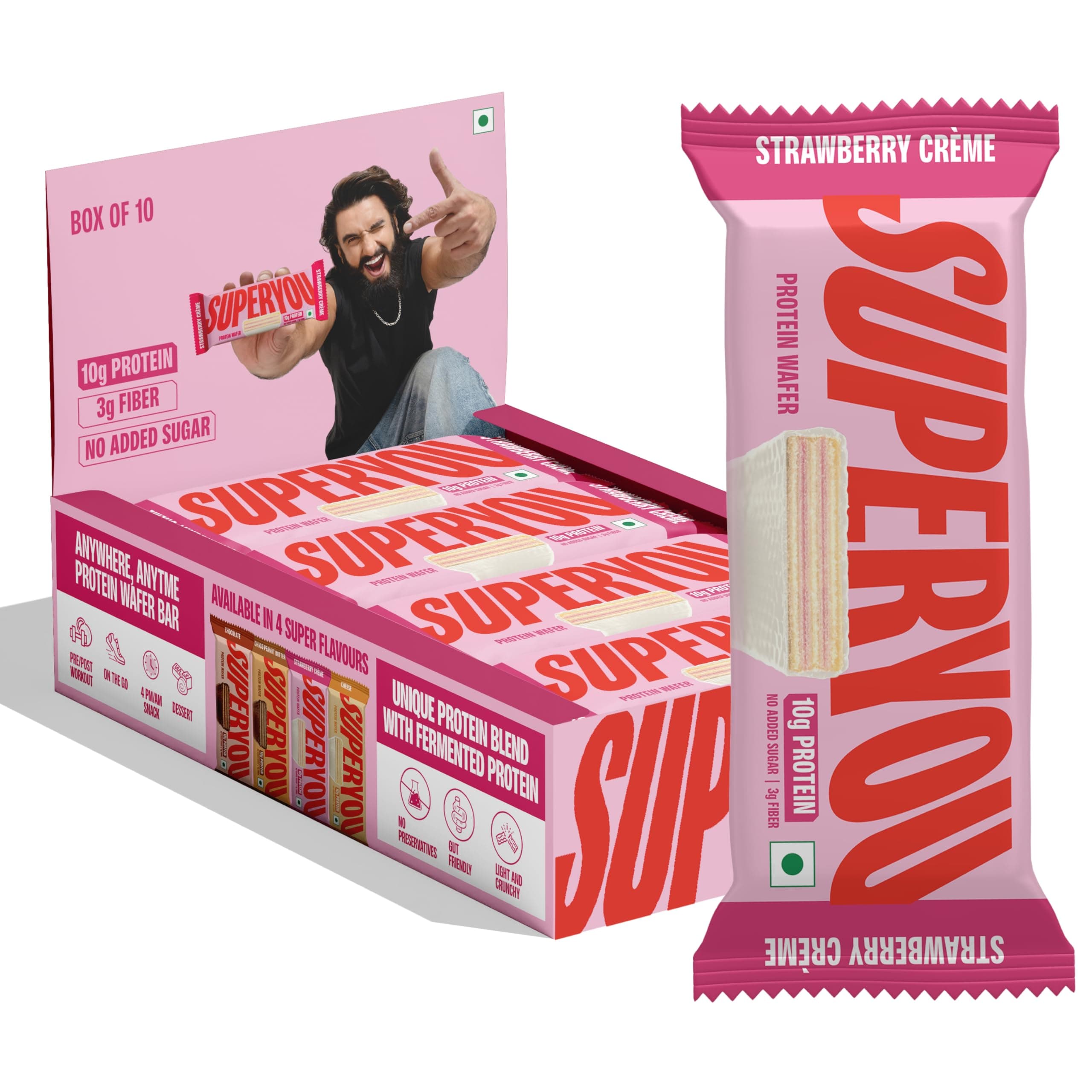 Superyou Strawberry Protein Wafer Bars (Pack Of 10)|10 Gram Protein, 3 Gram Fiber, No Added Sugar|Yeast Fermented Protein|Energy Bars|Crunchy Wafer Bar|100% Vegetarian|No Palm Oil|400 Gram