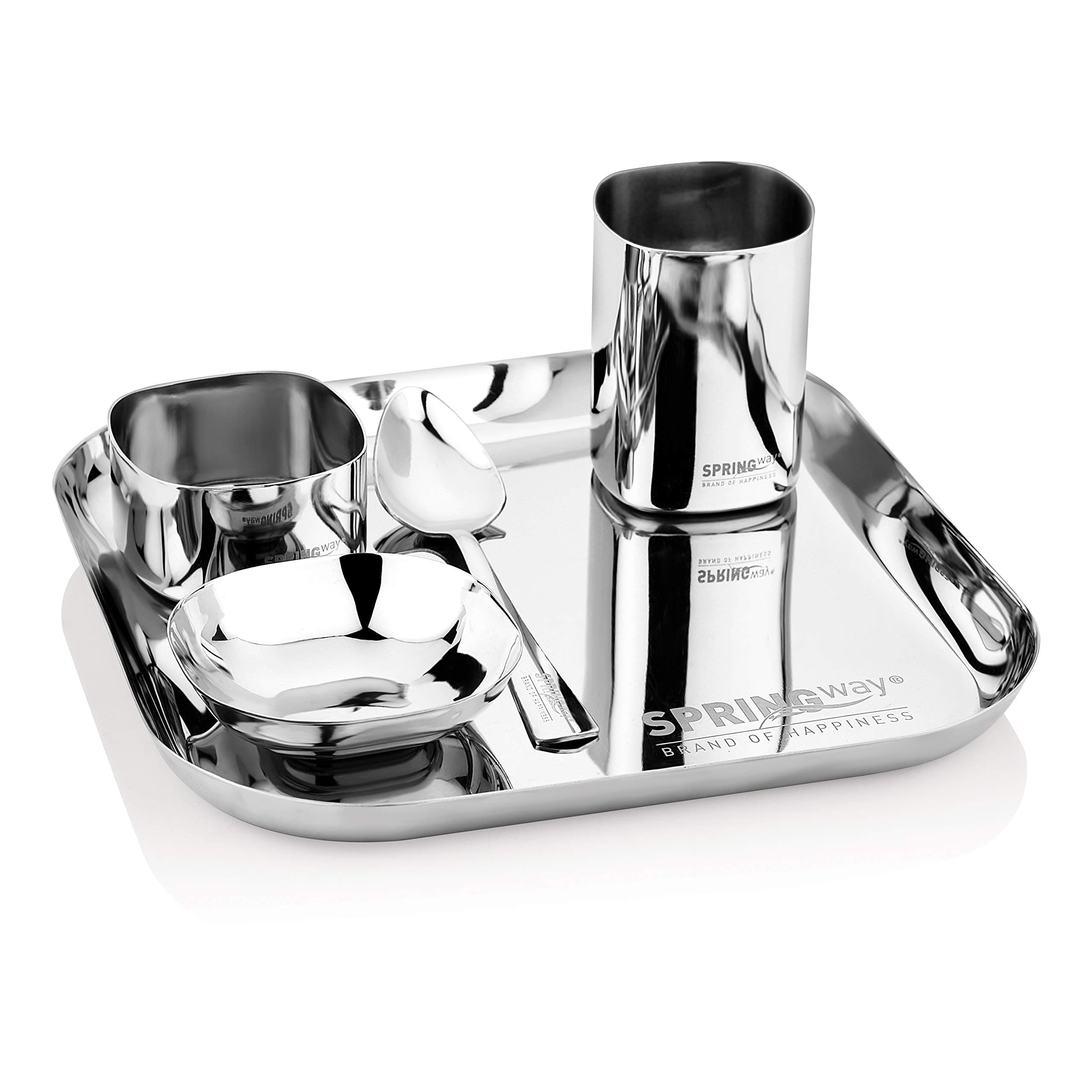 SPRINGWAY - Brand of HappinessStainless Steel Square Orchid Dinner Set 5 with Dinner Plate, Halwa Plate, Katori Bowl, Glass, Spoon (Silver) (Pack of 5)